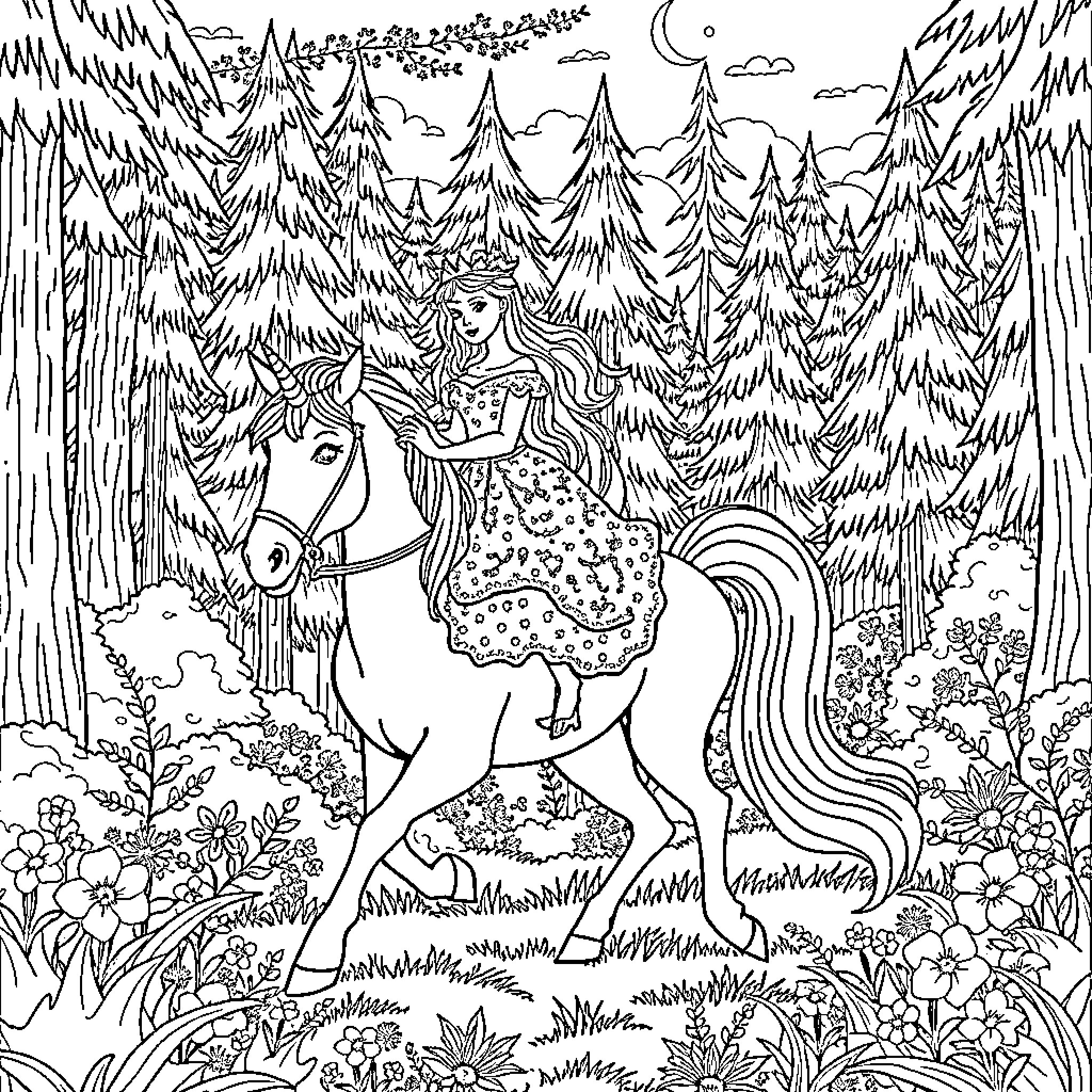Princess riding a majestic horse in a whimsical forest Coloring Page (free black-and-white line drawing printable PDF for all, from beginners to advanced learners, including children, teens, adults, and seniors)