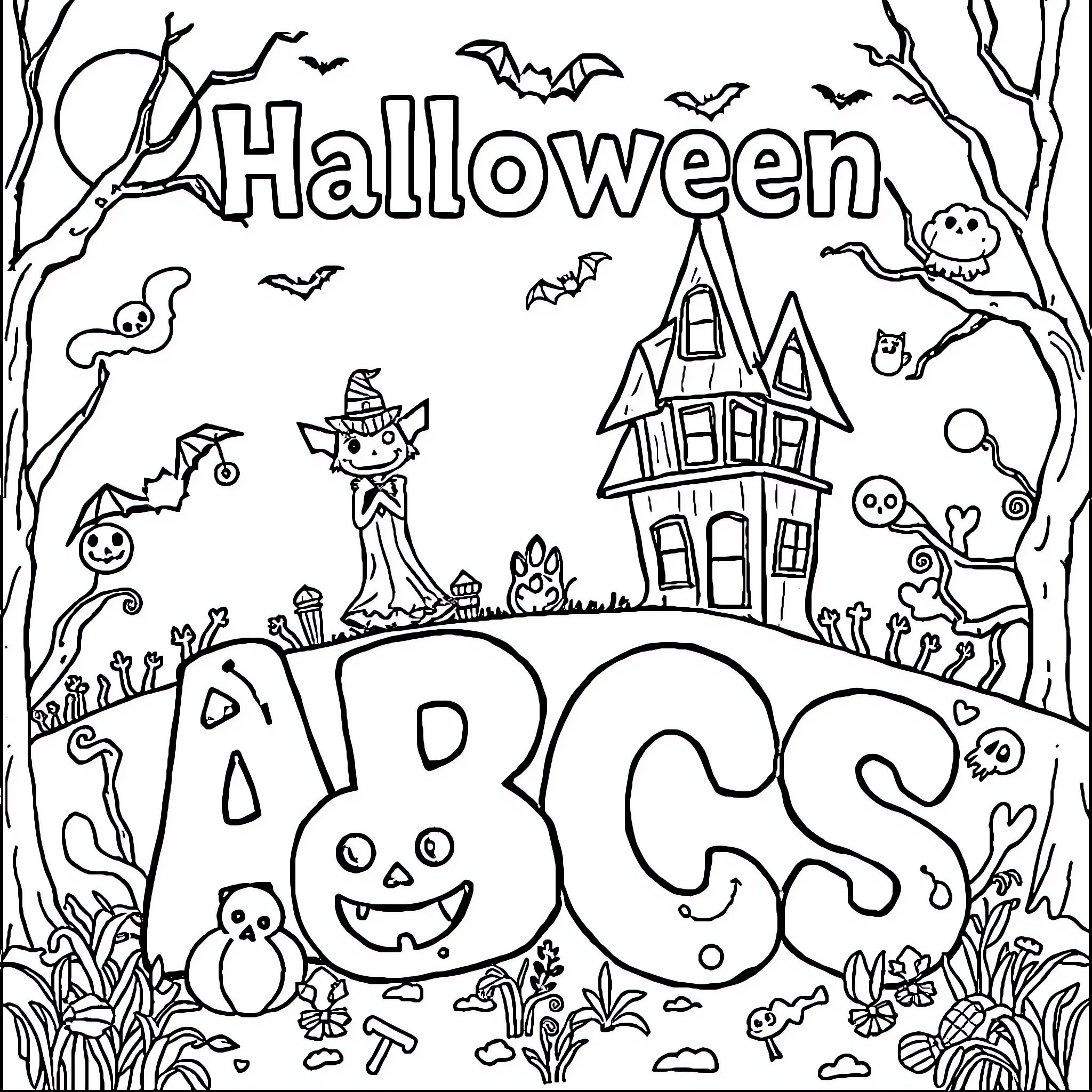 Halloween scene with spooky house and characters Coloring Page (free black-and-white line drawing printable PDF for all, from beginners to advanced learners, including children, teens, adults, and seniors)