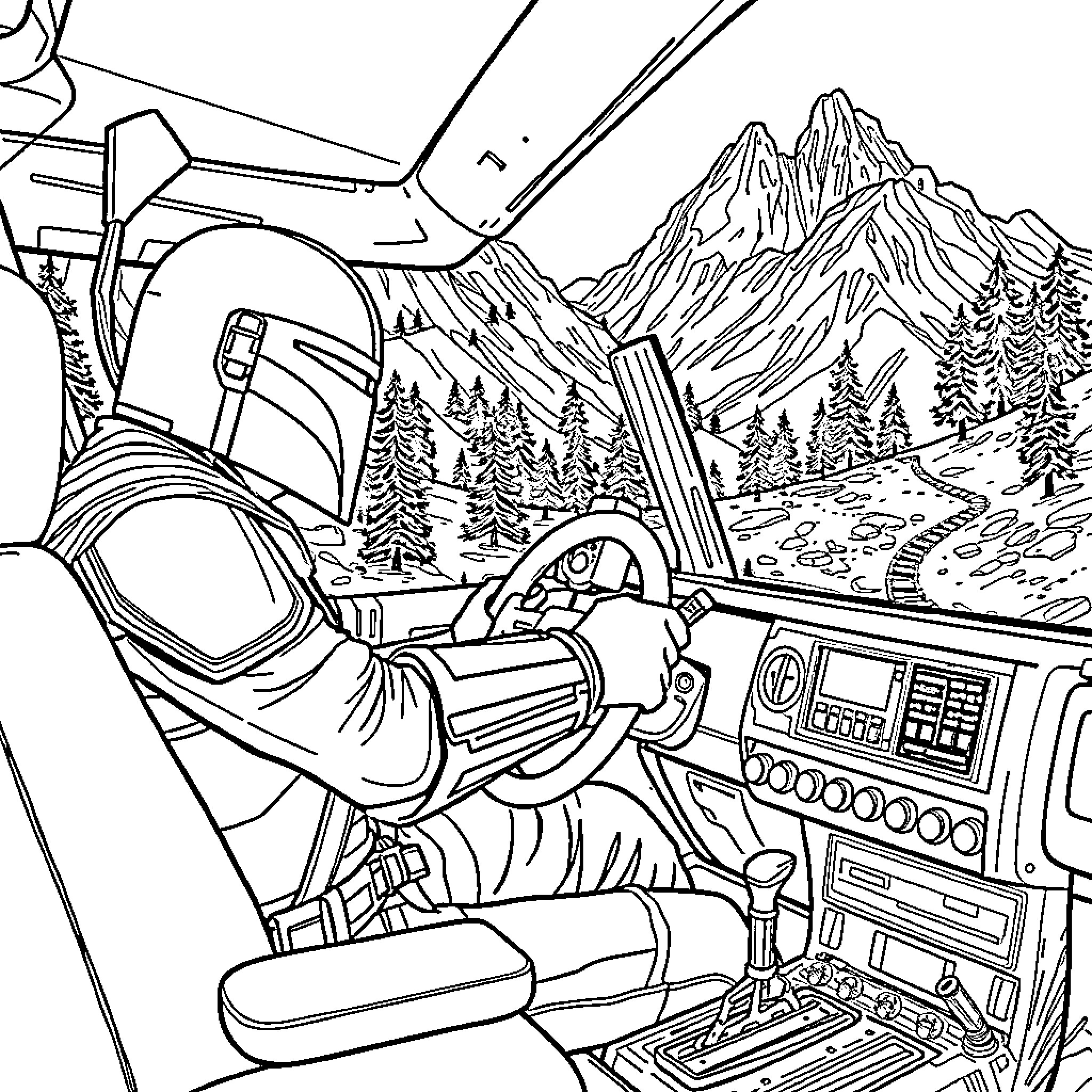 Mandalorian navigating rugged terrain in spacecraft Coloring Page (free black-and-white line drawing printable PDF for all, from beginners to advanced learners, including children, teens, adults, and seniors)