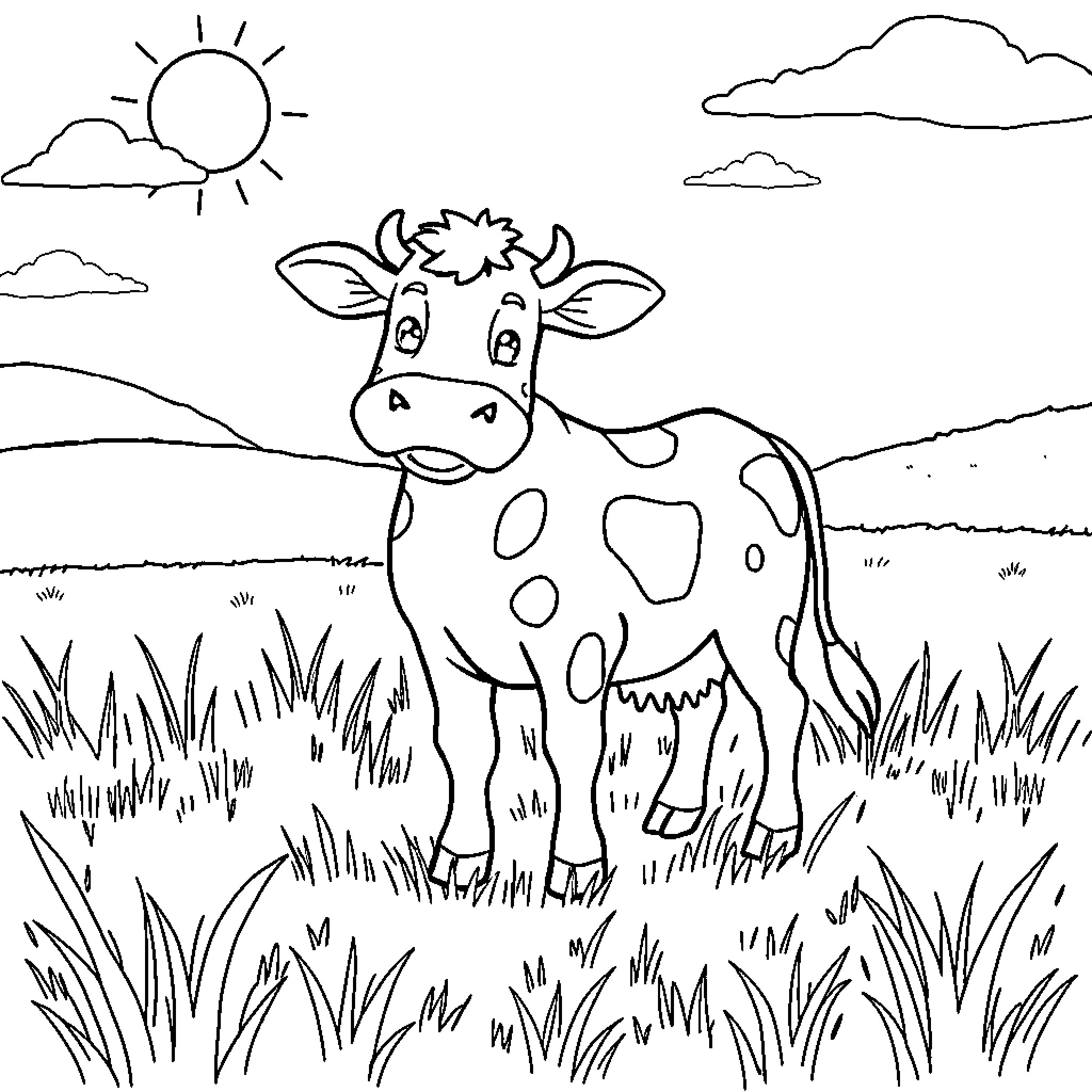 Cow standing in a grassy field Coloring Page (free black-and-white line drawing printable PDF for all, from beginners to advanced learners, including children, teens, adults, and seniors)