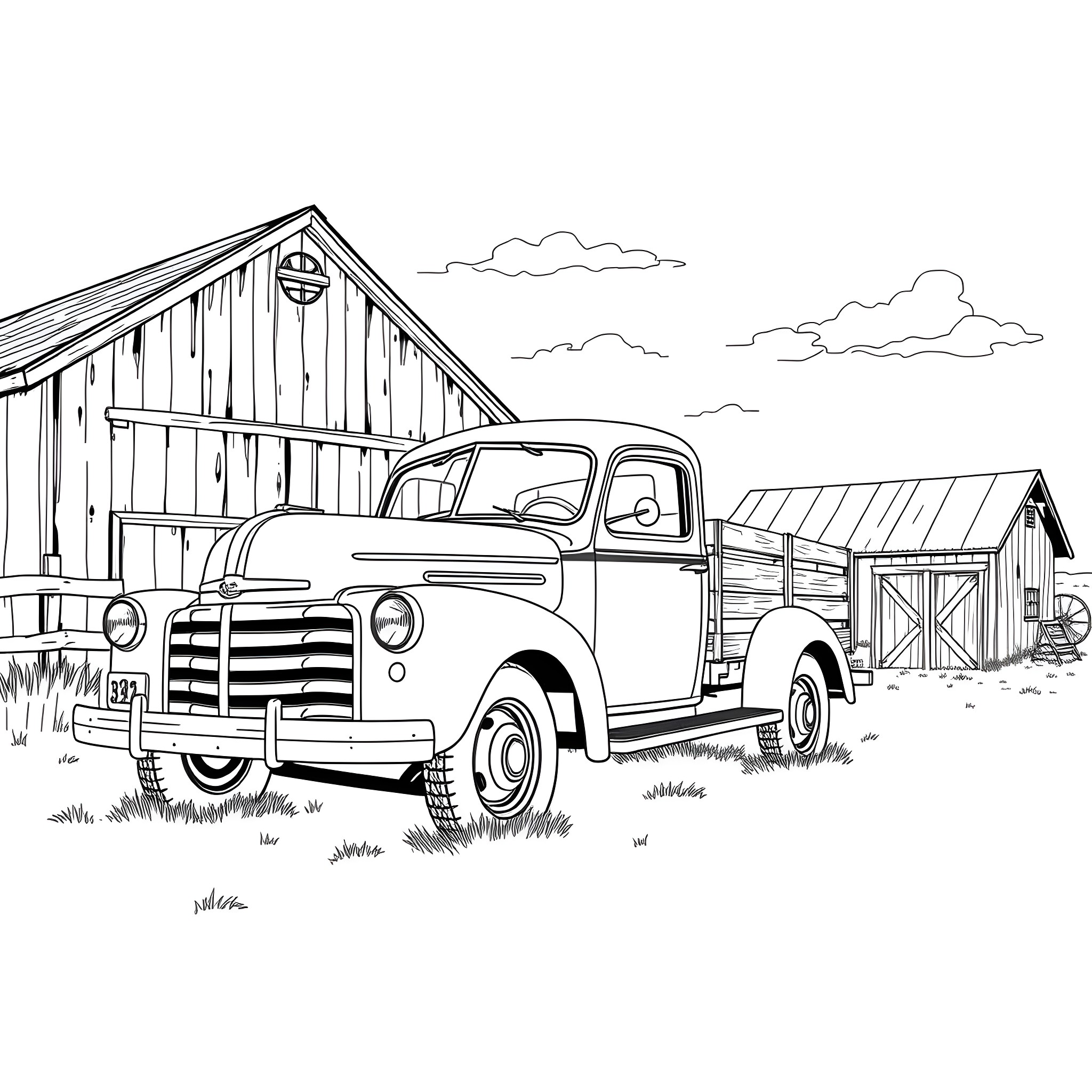Truck parked in front of rustic barn and buildings Coloring Page (free black-and-white line drawing printable PDF for all, from beginners to advanced learners, including children, teens, adults, and seniors)