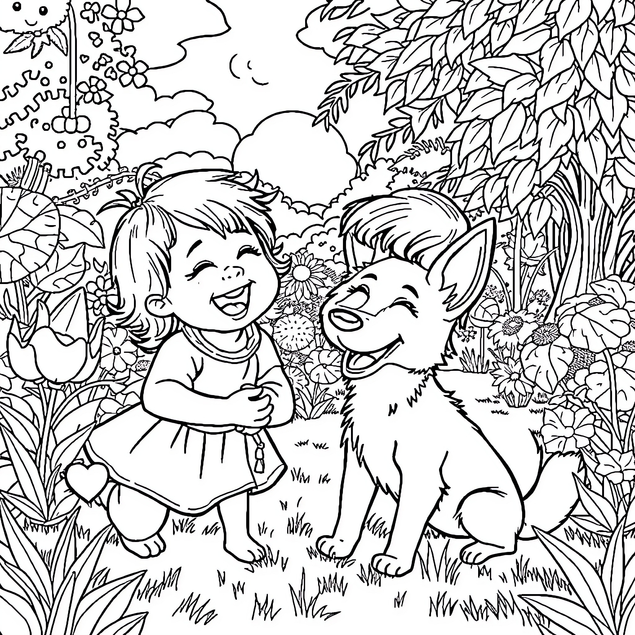 Baby Girl Playing with Puppy in Colorful Garden Coloring Page (free black-and-white line drawing printable PDF for all, from beginners to advanced learners, including children, teens, adults, and seniors)