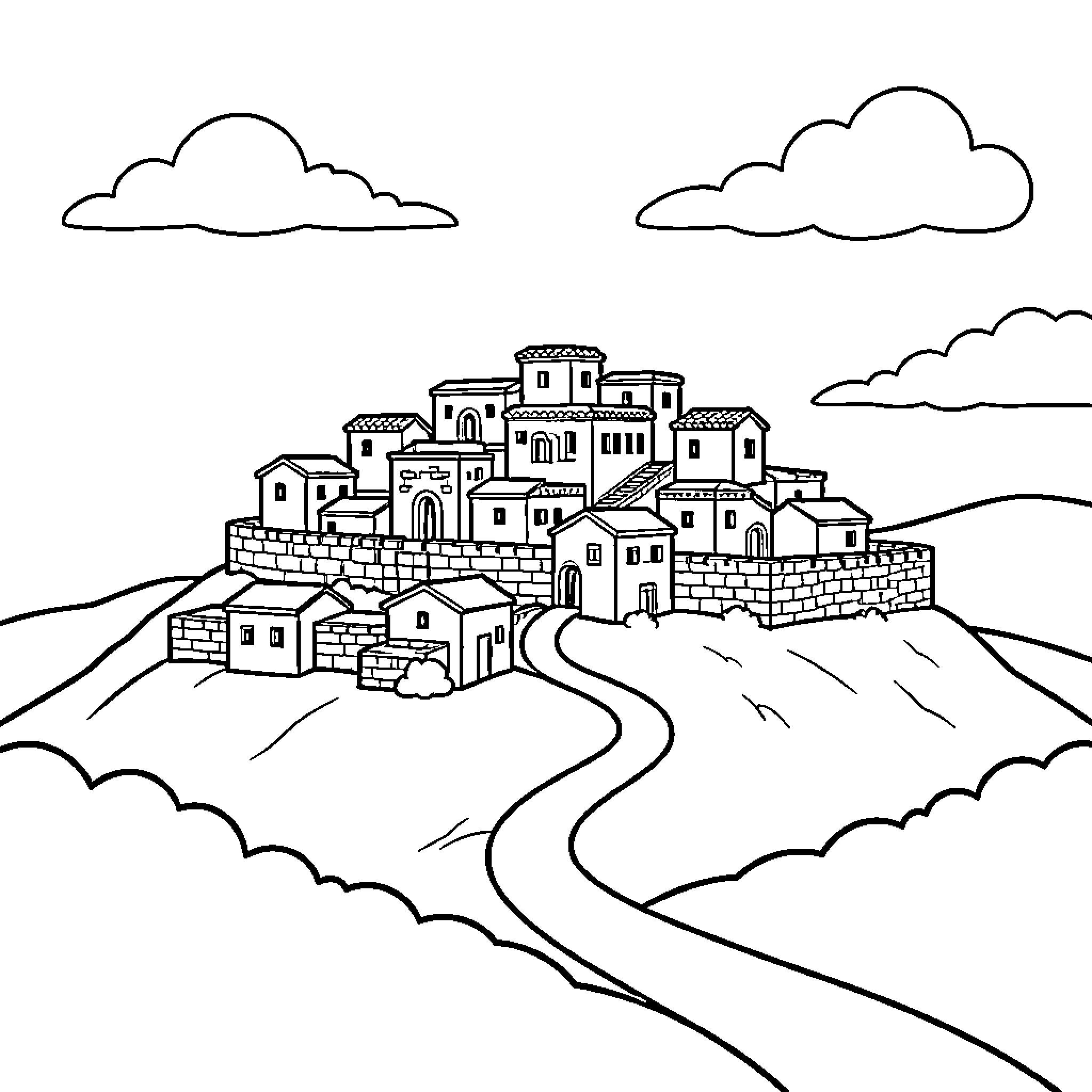 Zion's Picturesque Village in the Hills Coloring Page (free black-and-white line drawing printable PDF for all, from beginners to advanced learners, including children, teens, adults, and seniors)