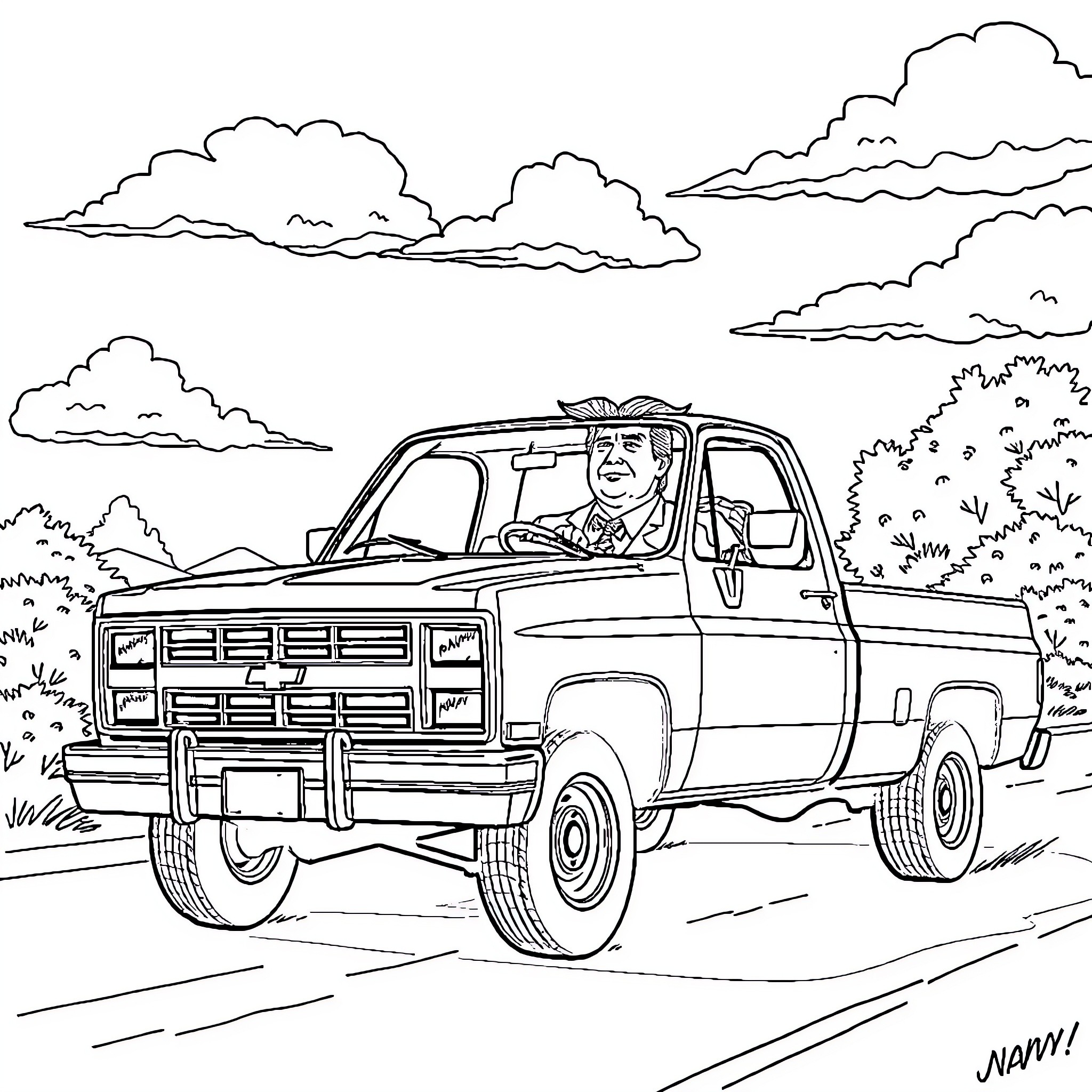 Trump driving an old pickup truck in a rural setting Coloring Page (free black-and-white line drawing printable PDF for all, from beginners to advanced learners, including children, teens, adults, and seniors)