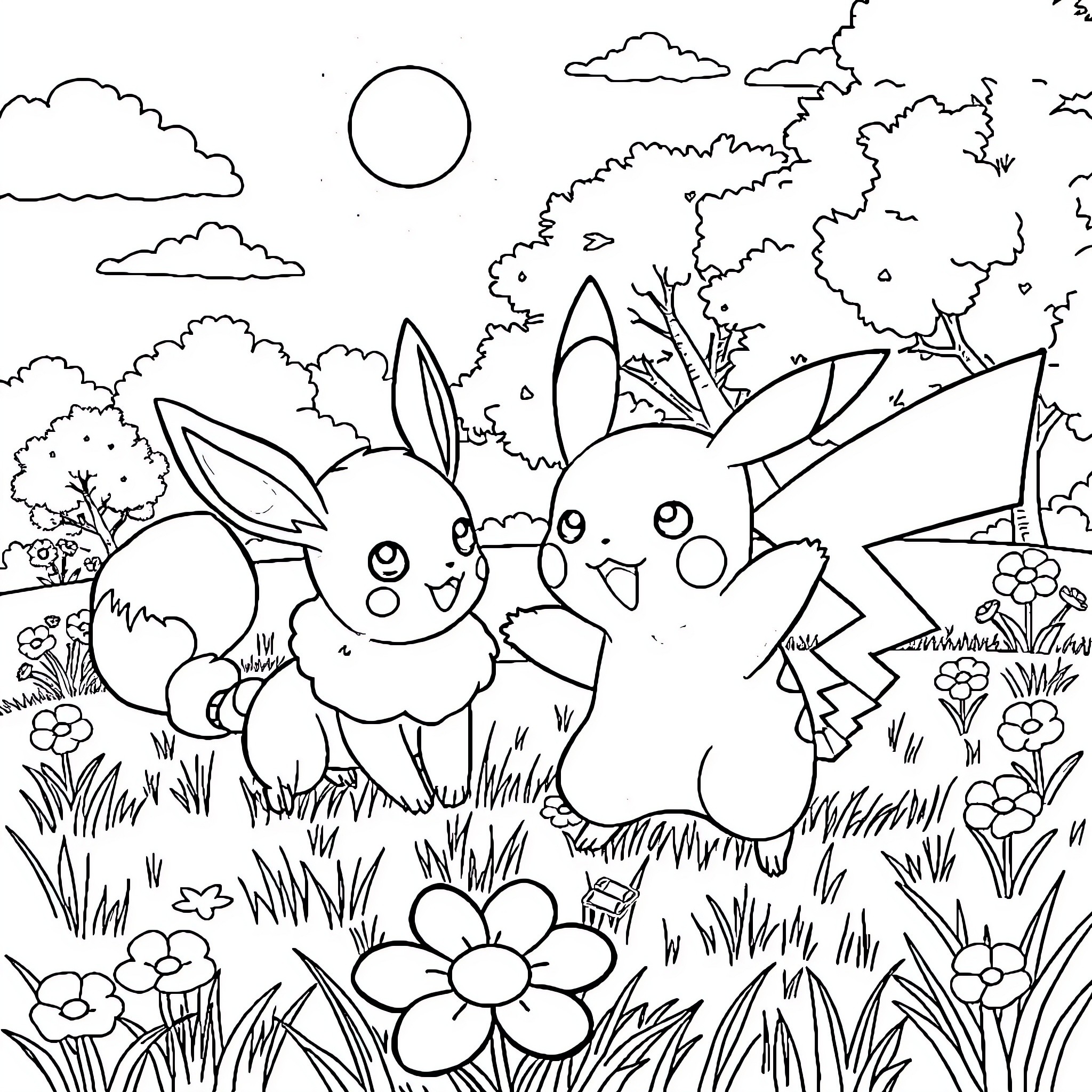 Pikachu and Eevee playing happily in the meadow Coloring Page (free black-and-white line drawing printable PDF for all, from beginners to advanced learners, including children, teens, adults, and seniors)