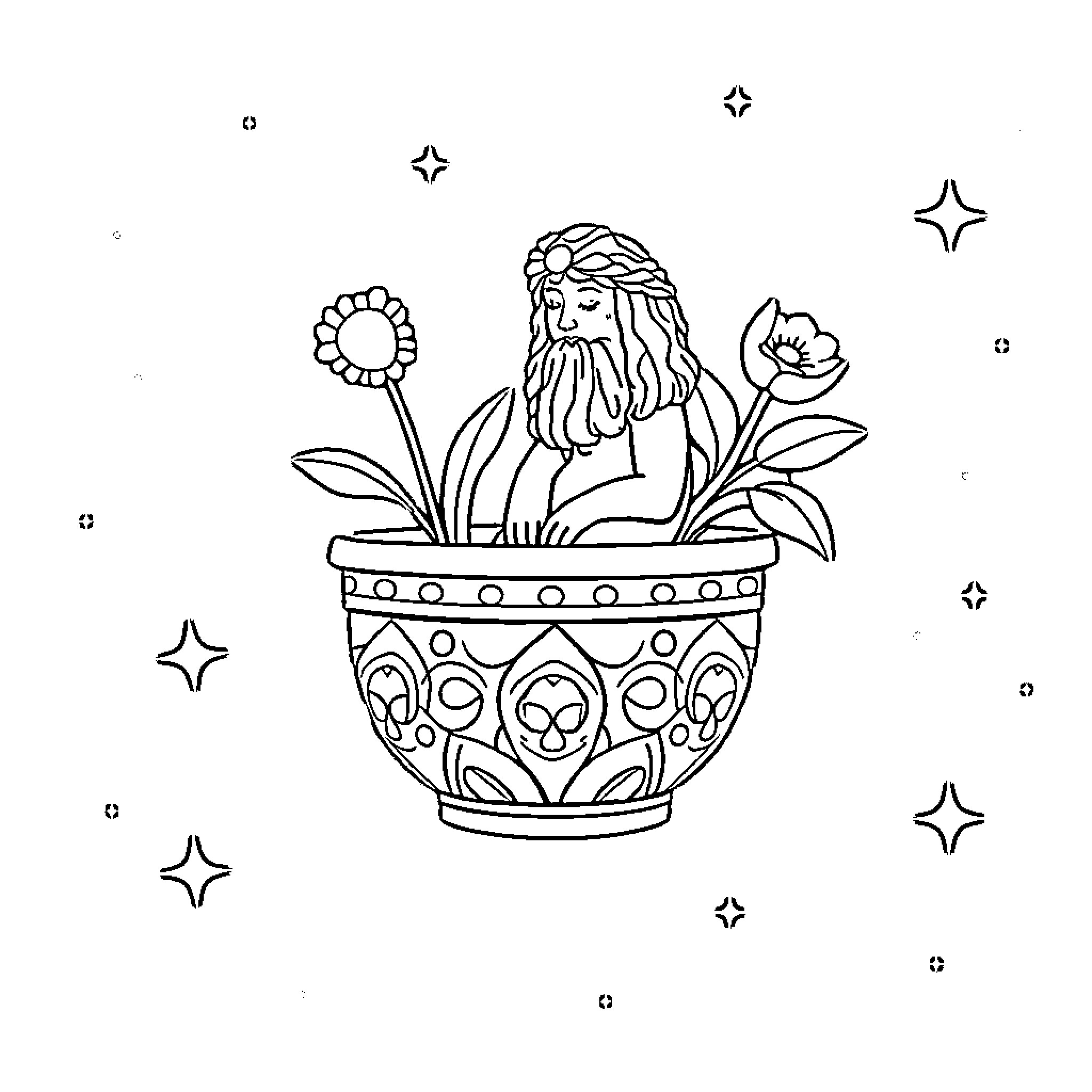 Aistophanes' Whimsical Floral Illustration Coloring Page (free black-and-white line drawing printable PDF for all, from beginners to advanced learners, including children, teens, adults, and seniors)