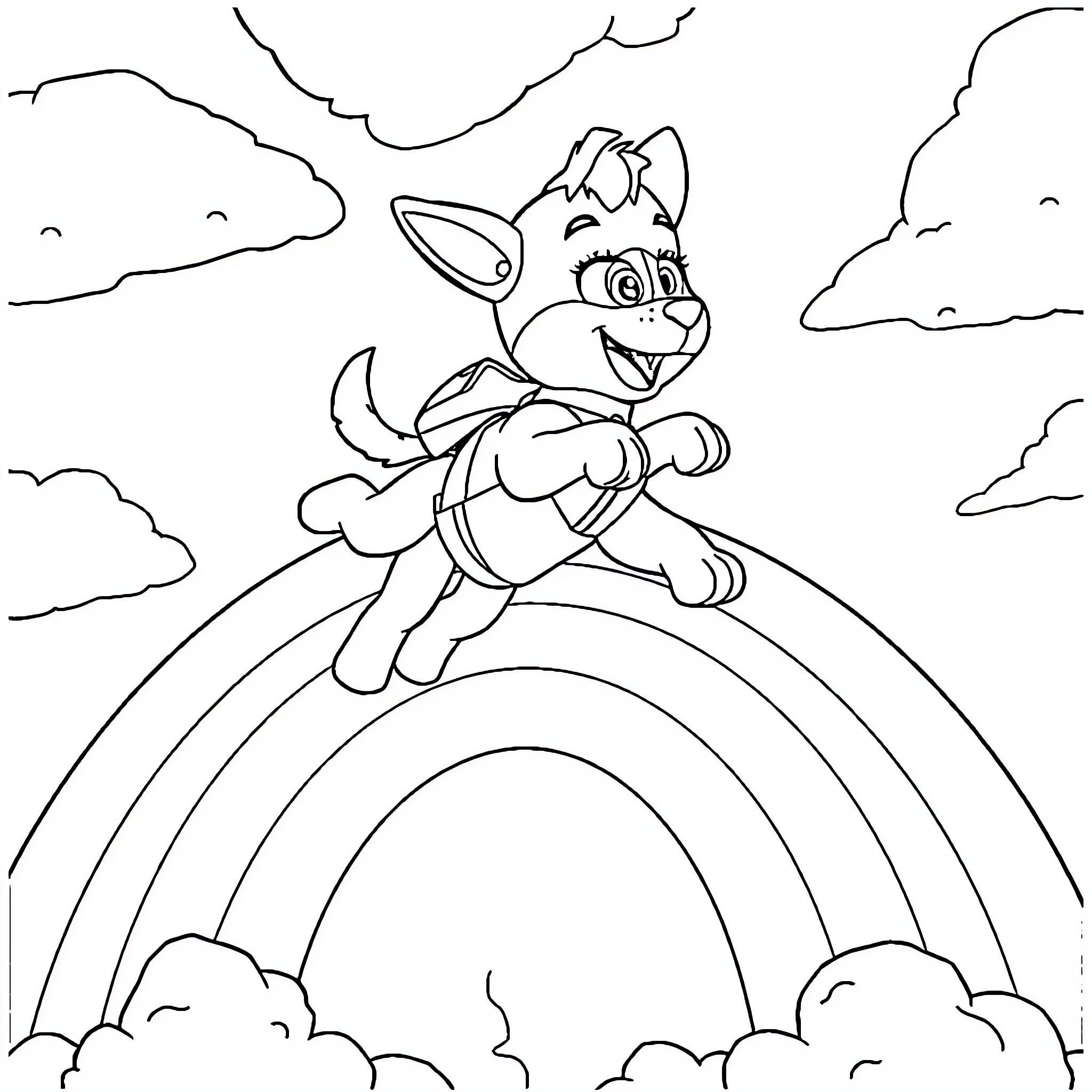 Skye the pup playing on a rainbow in the clouds Coloring Page (free black-and-white line drawing printable PDF for all, from beginners to advanced learners, including children, teens, adults, and seniors)