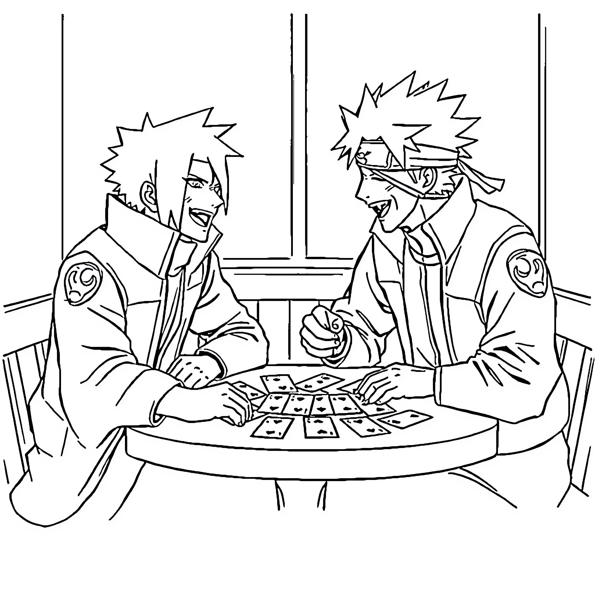 Kakashi and friends playing a card game together Coloring Page (free black-and-white line drawing printable PDF for all, from beginners to advanced learners, including children, teens, adults, and seniors)