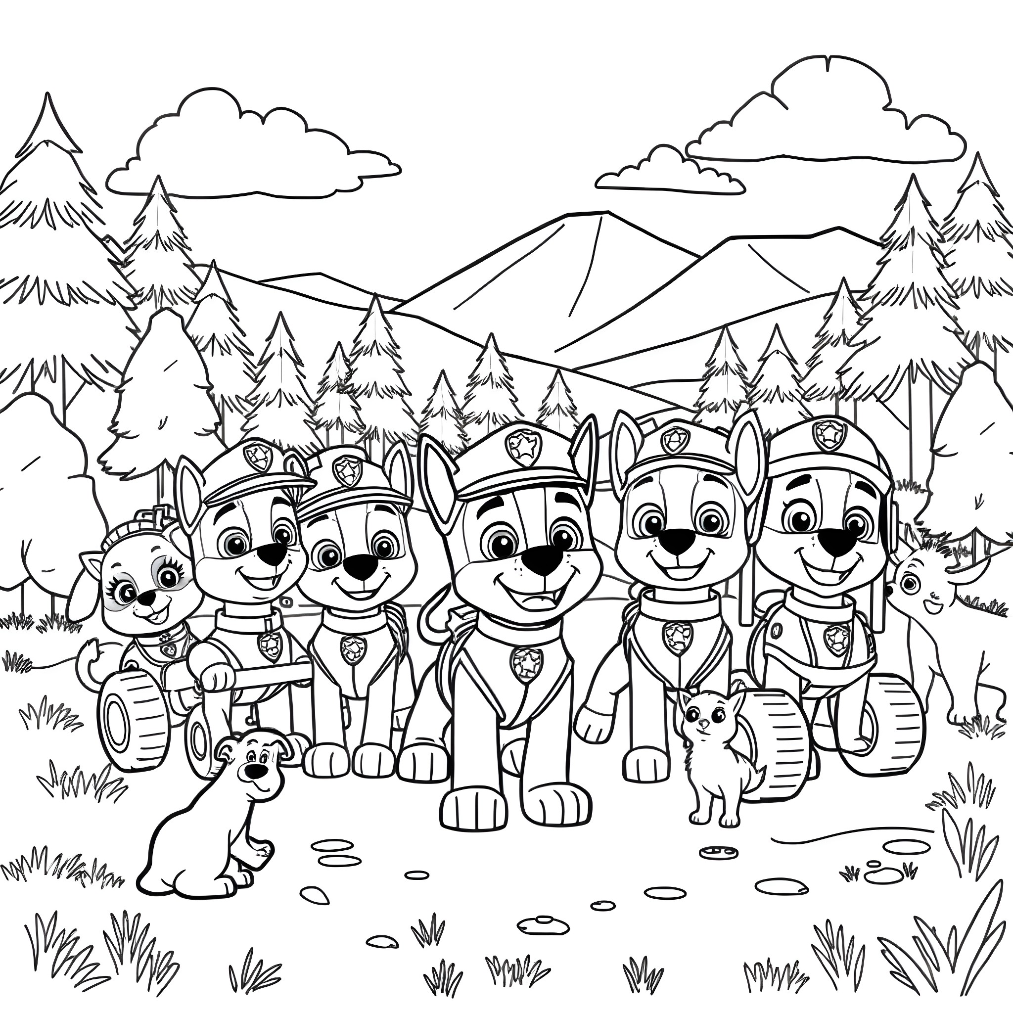 Paw Patrol characters exploring the great outdoors Coloring Page (free black-and-white line drawing printable PDF for all, from beginners to advanced learners, including children, teens, adults, and seniors)