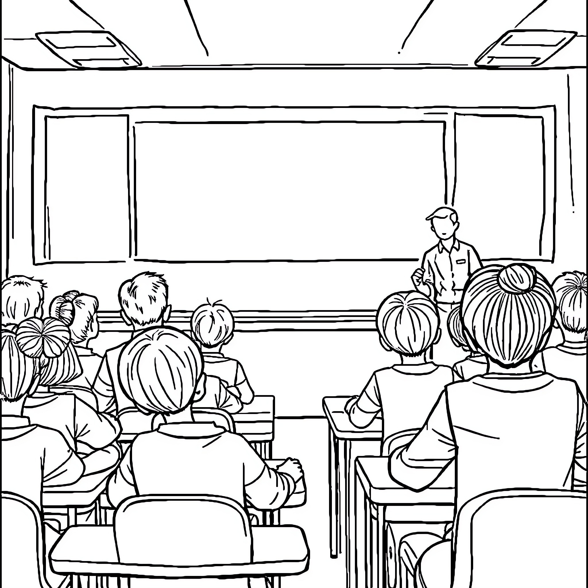 Classroom Scene with Teacher and Students Coloring Page (free black-and-white line drawing printable PDF for all, from beginners to advanced learners, including children, teens, adults, and seniors)