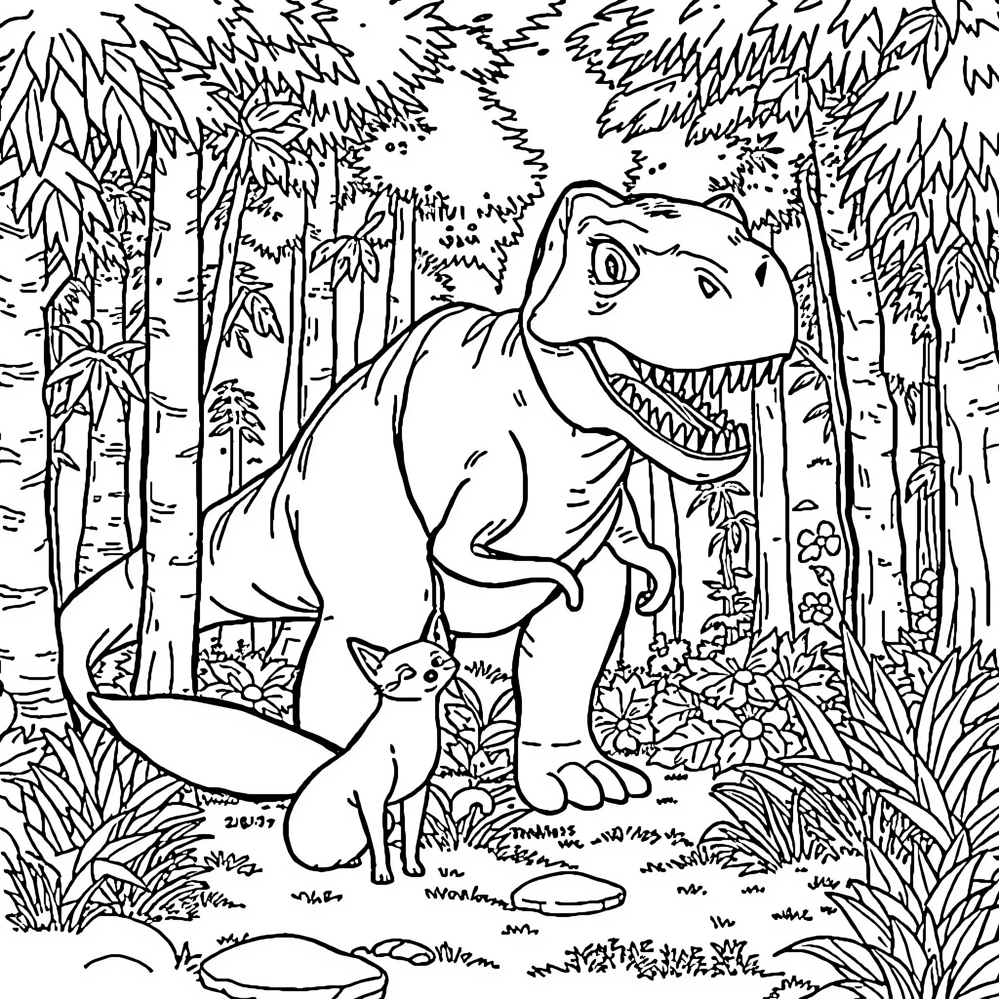 Fox dinosaur roaming in the jungle forest Coloring Page (free black-and-white line drawing printable PDF for all, from beginners to advanced learners, including children, teens, adults, and seniors)