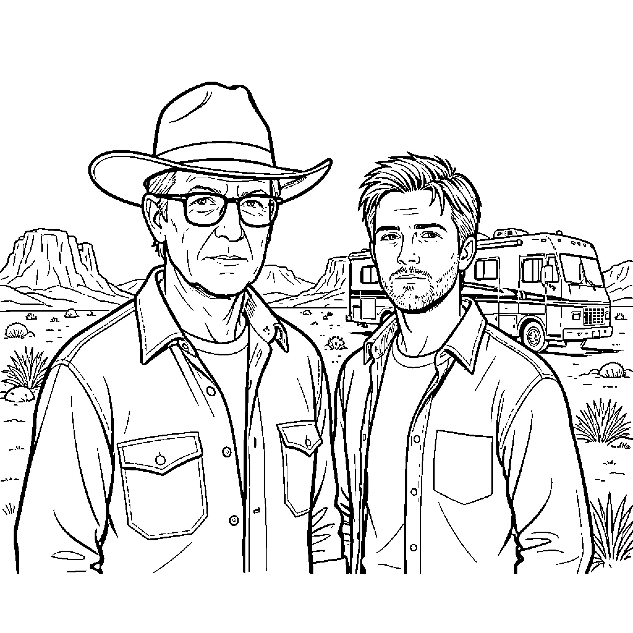 Walter White and a younger man in a desert Coloring Page (free black-and-white line drawing printable PDF for all, from beginners to advanced learners, including children, teens, adults, and seniors)
