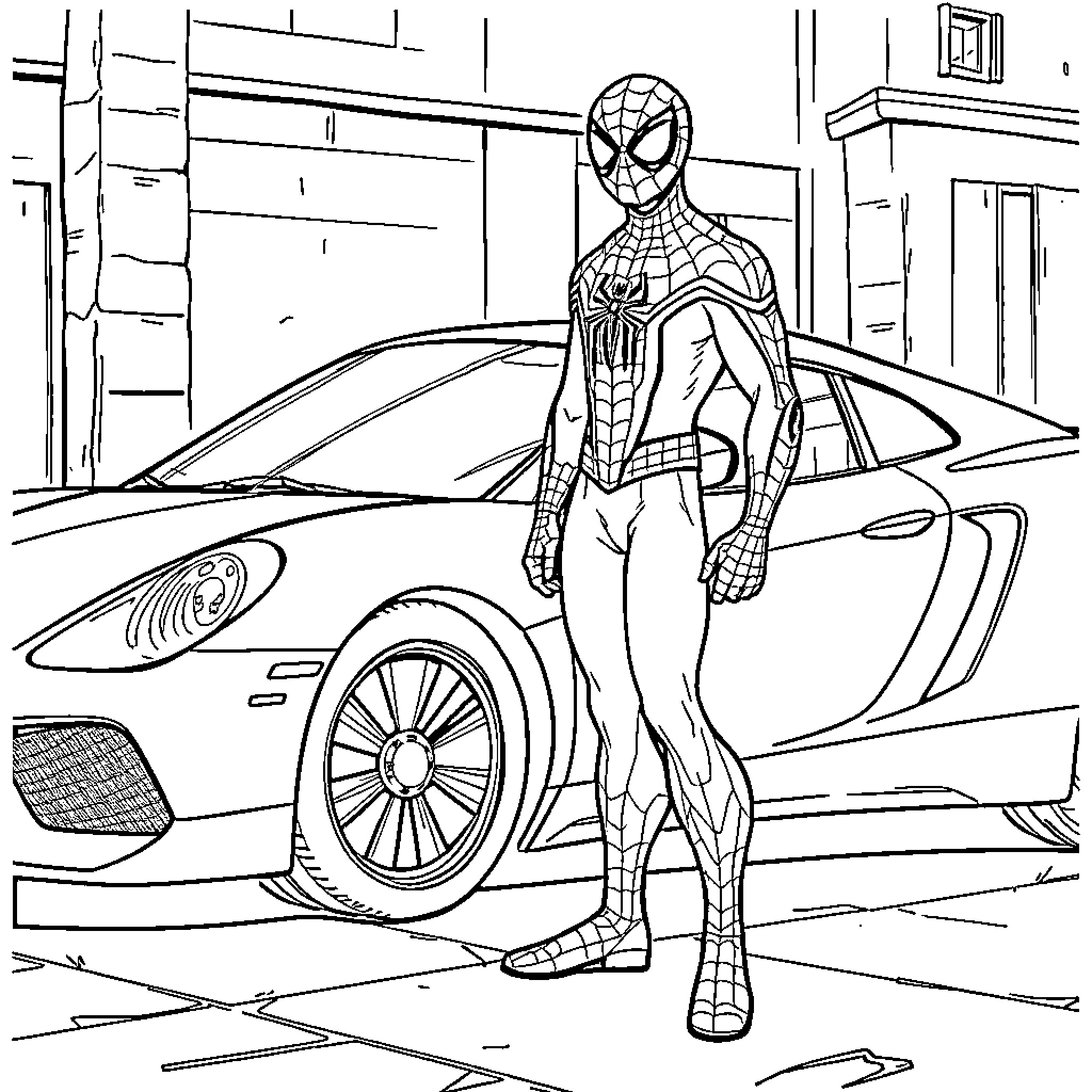 Spiderman stands heroically by a sports car Coloring Page (free black-and-white line drawing printable PDF for all, from beginners to advanced learners, including children, teens, adults, and seniors)