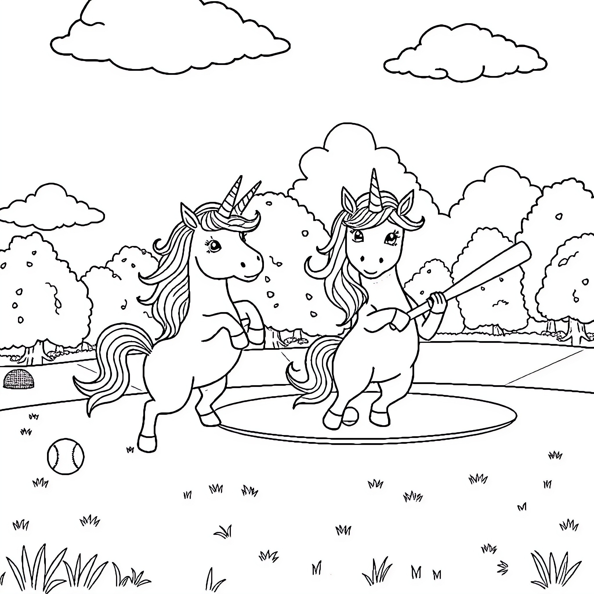 Unicorn Companions Enjoying an Outdoor Adventure Coloring Page (free black-and-white line drawing printable PDF for all, from beginners to advanced learners, including children, teens, adults, and seniors)