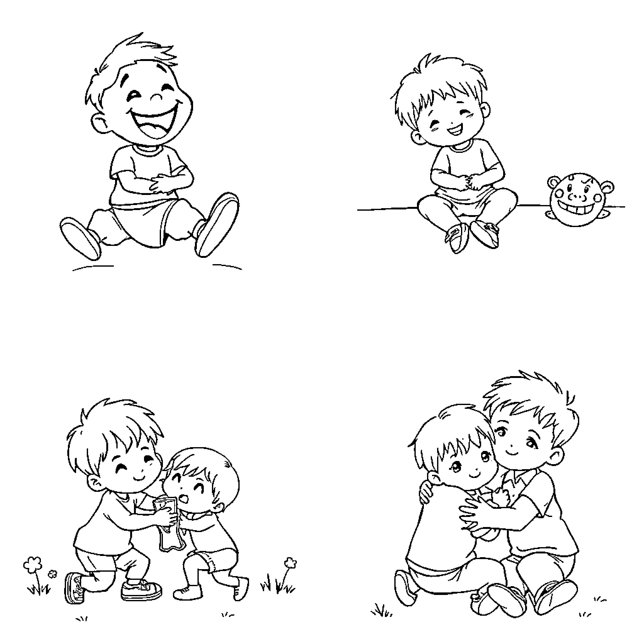 Kid's happy moments with toys and friends Coloring Page (free black-and-white line drawing printable PDF for all, from beginners to advanced learners, including children, teens, adults, and seniors)