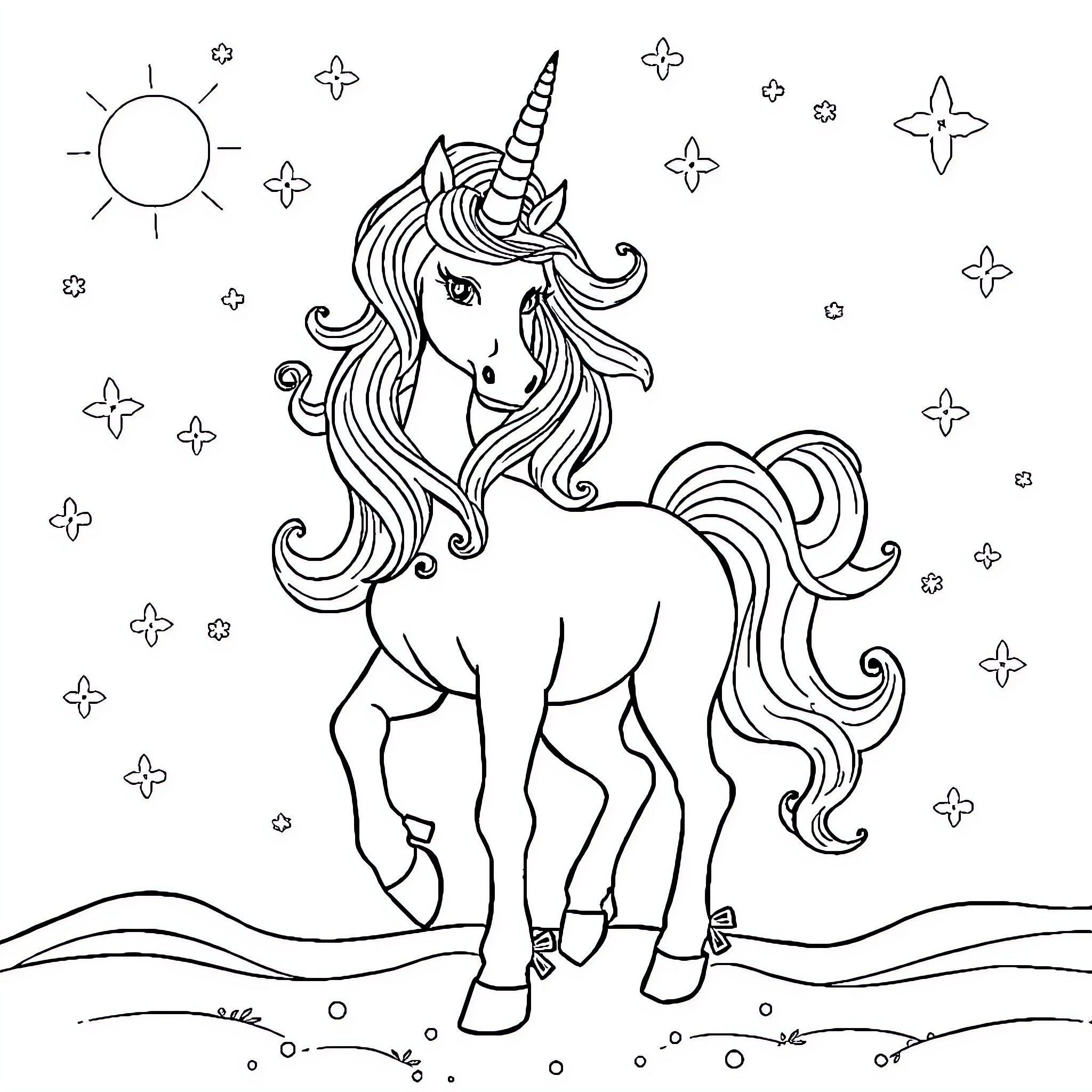 Unicorn with flowing mane in a magical landscape Coloring Page (free black-and-white line drawing printable PDF for all, from beginners to advanced learners, including children, teens, adults, and seniors)