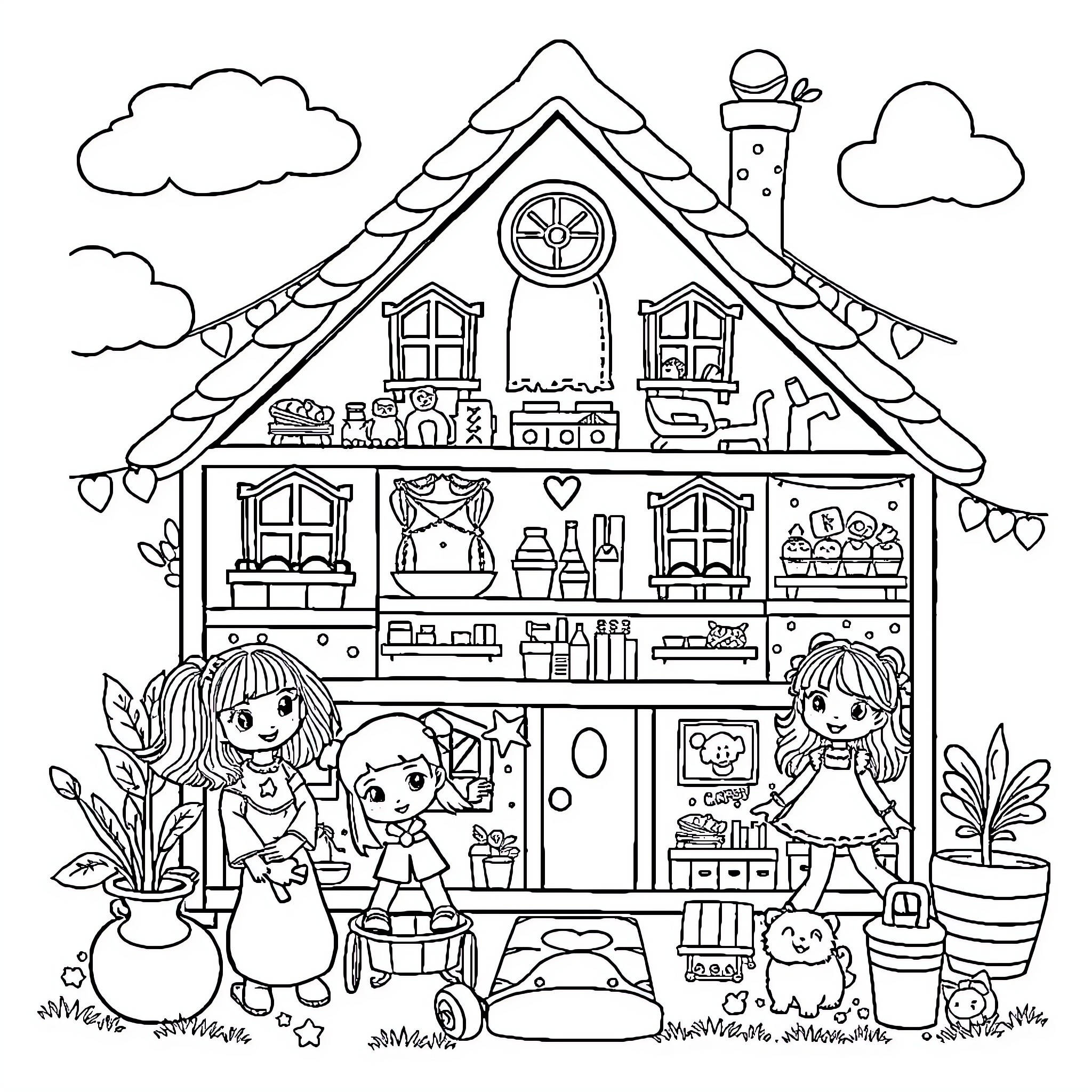 Gabby's Dollhouse featuring characters exploring a cozy home Coloring Page (free black-and-white line drawing printable PDF for all, from beginners to advanced learners, including children, teens, adults, and seniors)