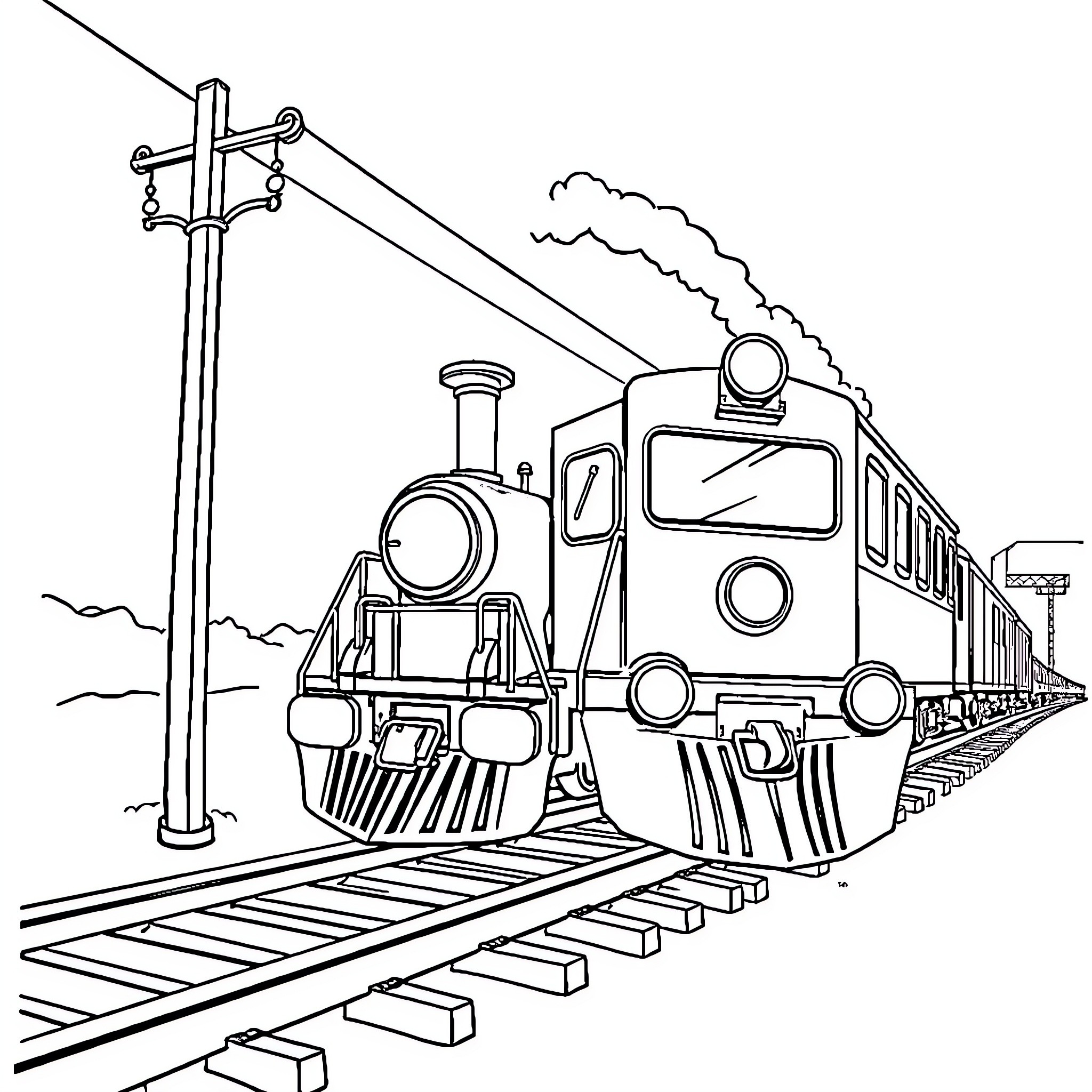 Train chugging along the tracks Coloring Page (free black-and-white line drawing printable PDF for all, from beginners to advanced learners, including children, teens, adults, and seniors)