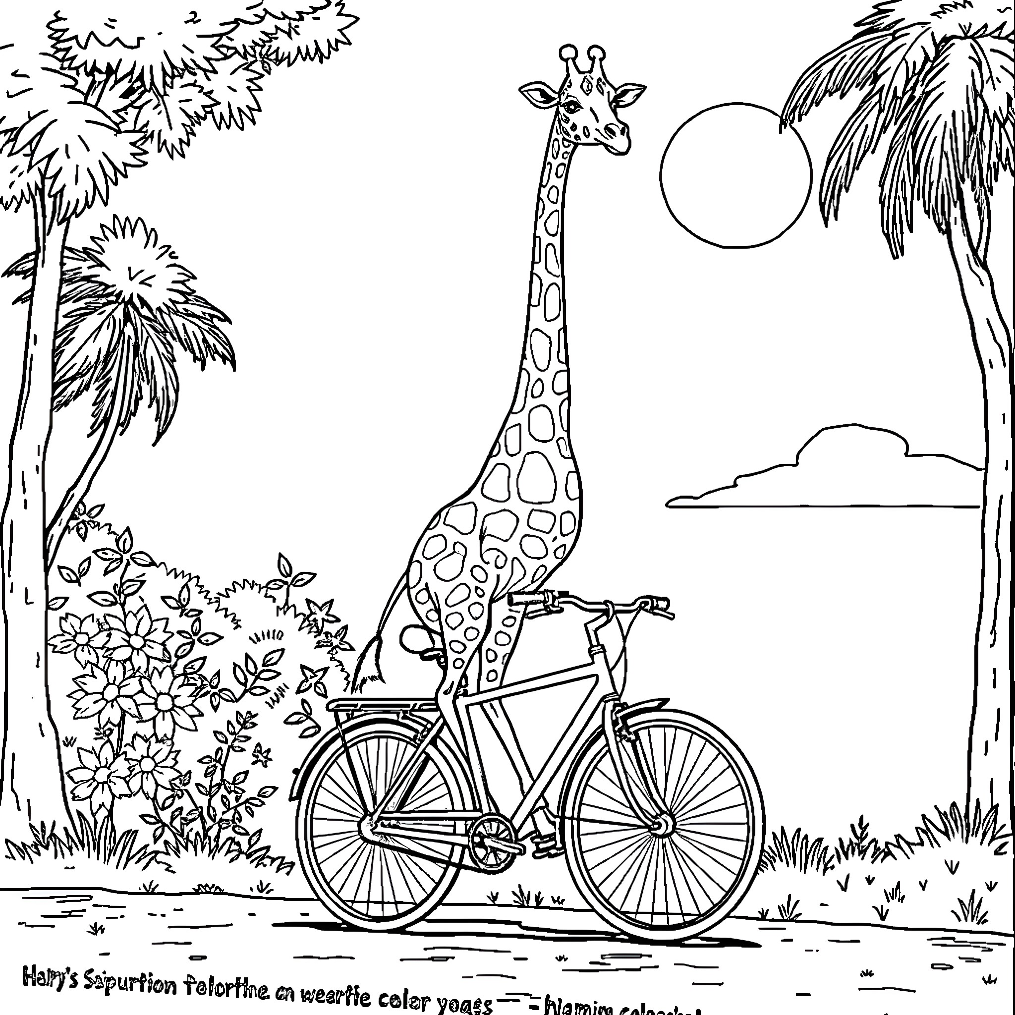 Giraffe riding a bicycle in a tropical setting Coloring Page (free black-and-white line drawing printable PDF for all, from beginners to advanced learners, including children, teens, adults, and seniors)