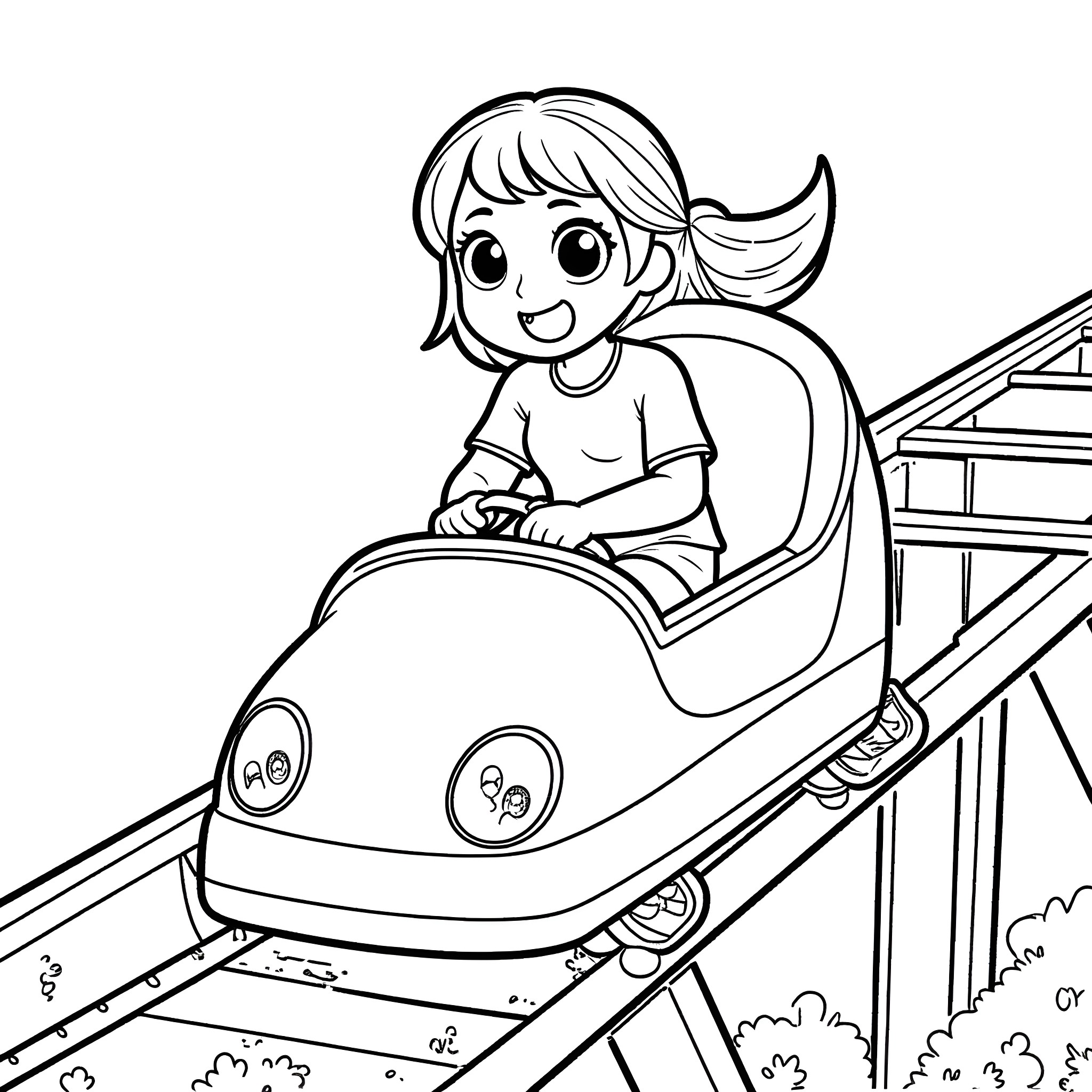 Girl riding a rollercoaster with excitement Coloring Page (free black-and-white line drawing printable PDF for all, from beginners to advanced learners, including children, teens, adults, and seniors)