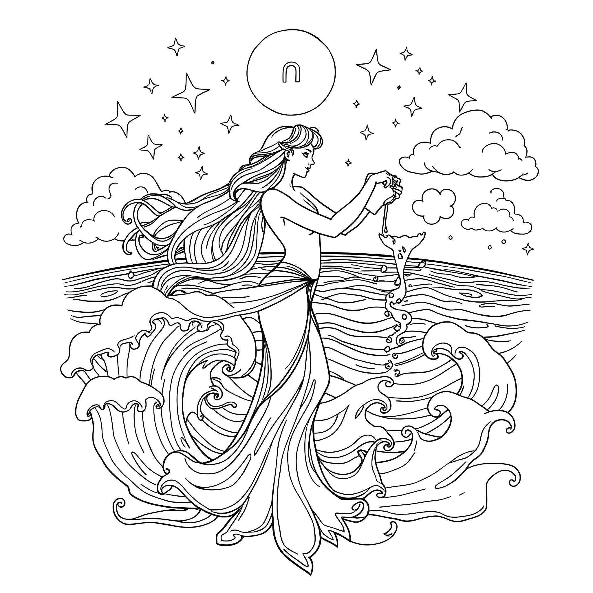 Aquarius - Celestial Goddess Dancing on Waves Coloring Page (free black-and-white line drawing printable PDF for all, from beginners to advanced learners, including children, teens, adults, and seniors)
