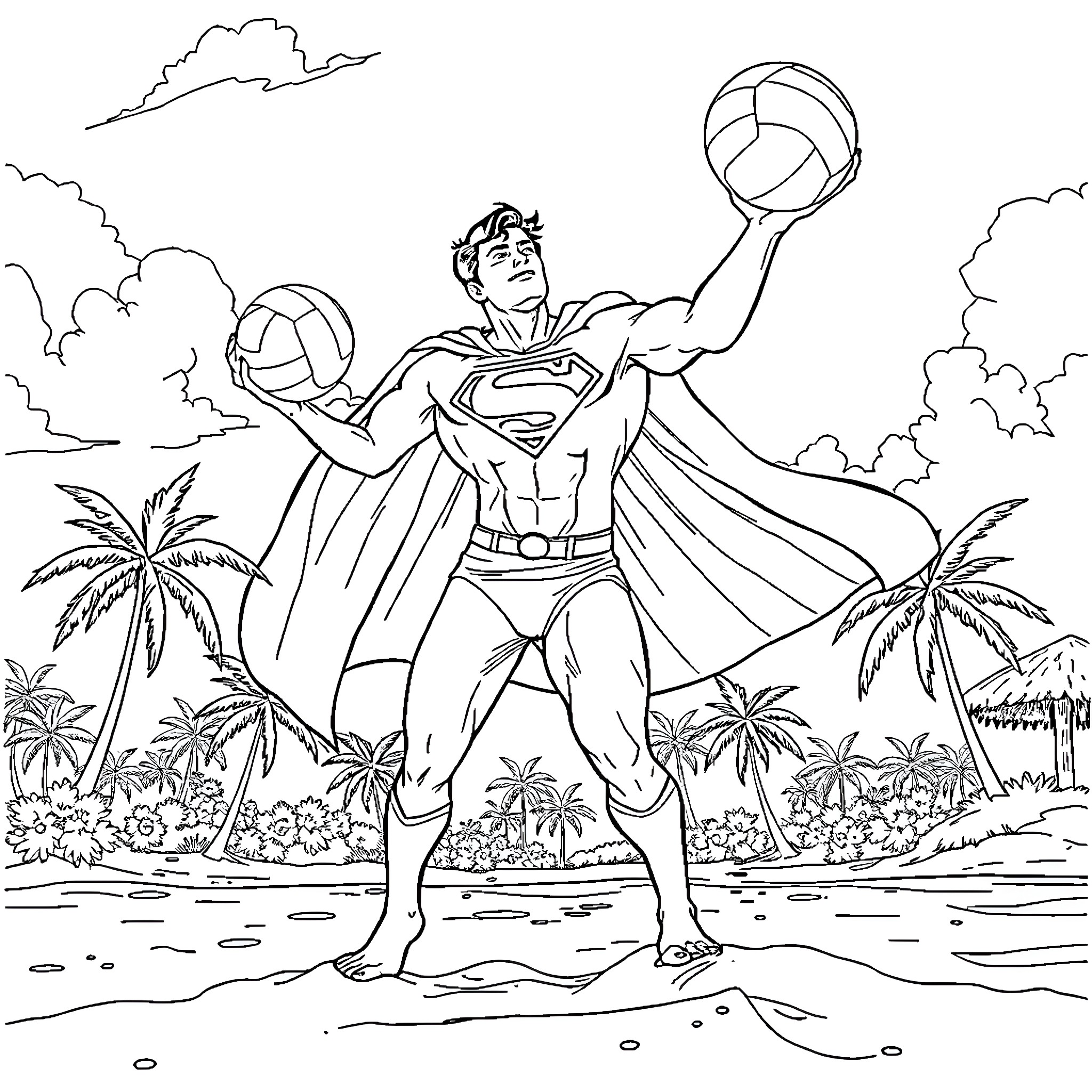 Superman playing volleyball on a tropical beach Coloring Page (free black-and-white line drawing printable PDF for all, from beginners to advanced learners, including children, teens, adults, and seniors)