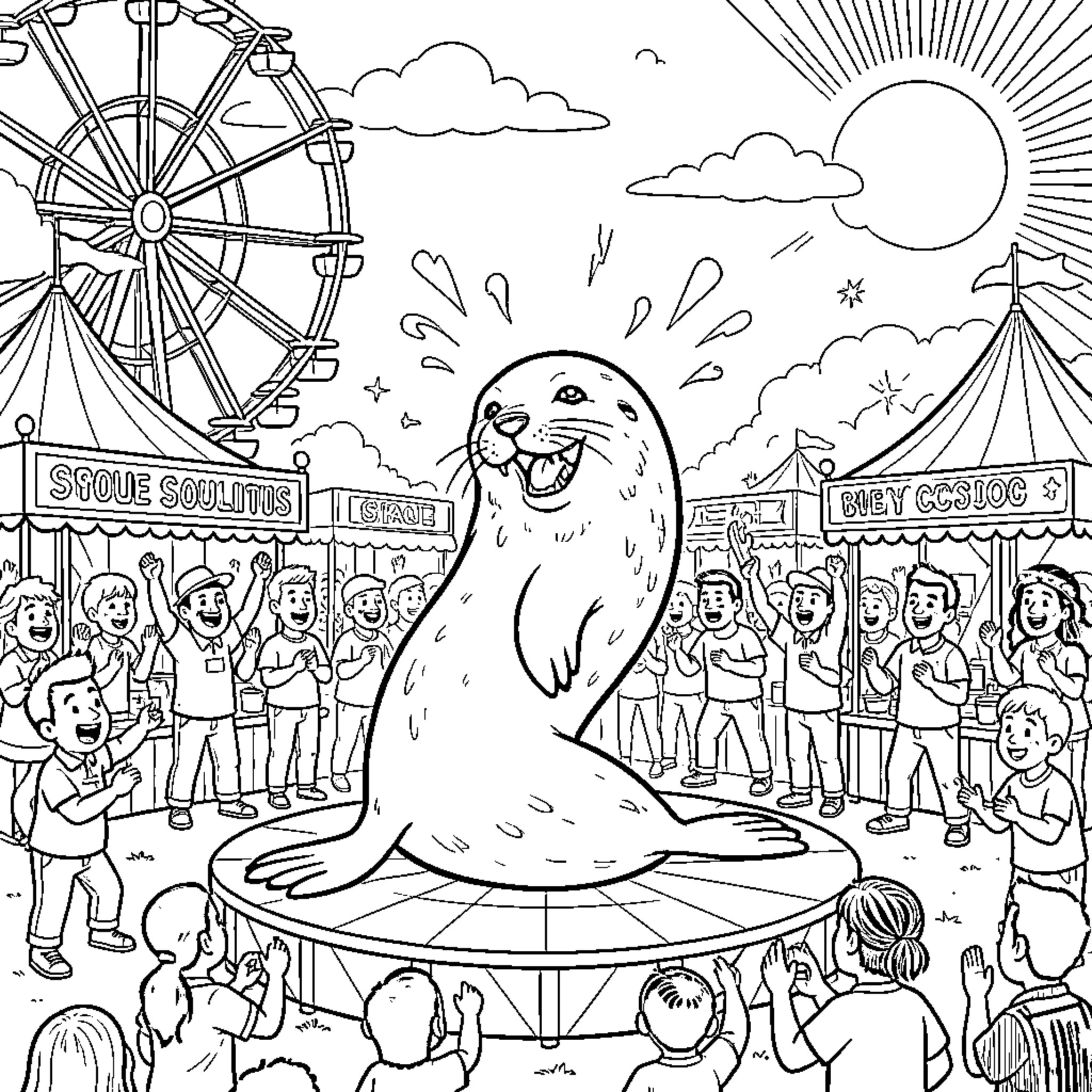 Seal performing for a cheering crowd at a fair Coloring Page (free black-and-white line drawing printable PDF for all, from beginners to advanced learners, including children, teens, adults, and seniors)