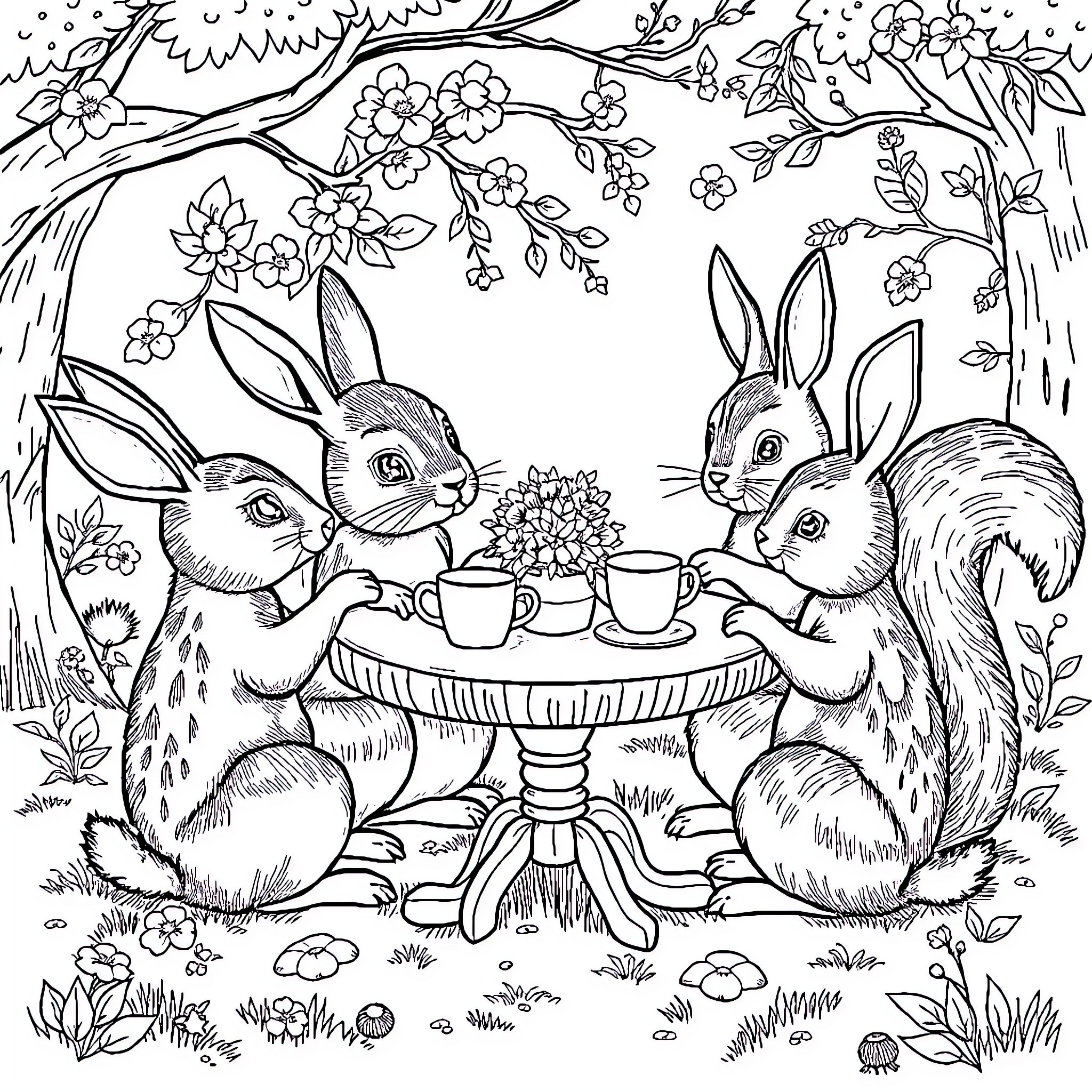 Creature enjoying tea party in the garden Coloring Page (free black-and-white line drawing printable PDF for all, from beginners to advanced learners, including children, teens, adults, and seniors)