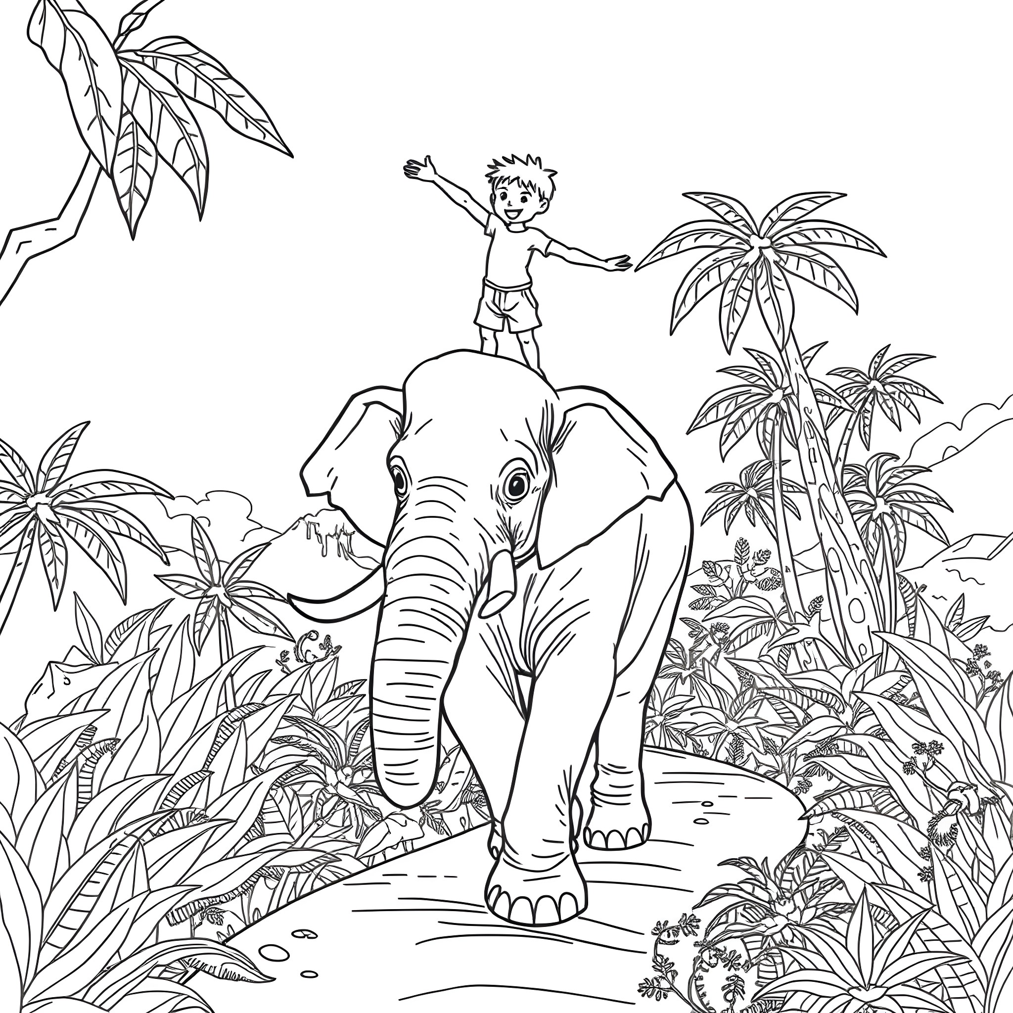 Boy explores the lush jungle with a friendly elephant Coloring Page (free black-and-white line drawing printable PDF for all, from beginners to advanced learners, including children, teens, adults, and seniors)