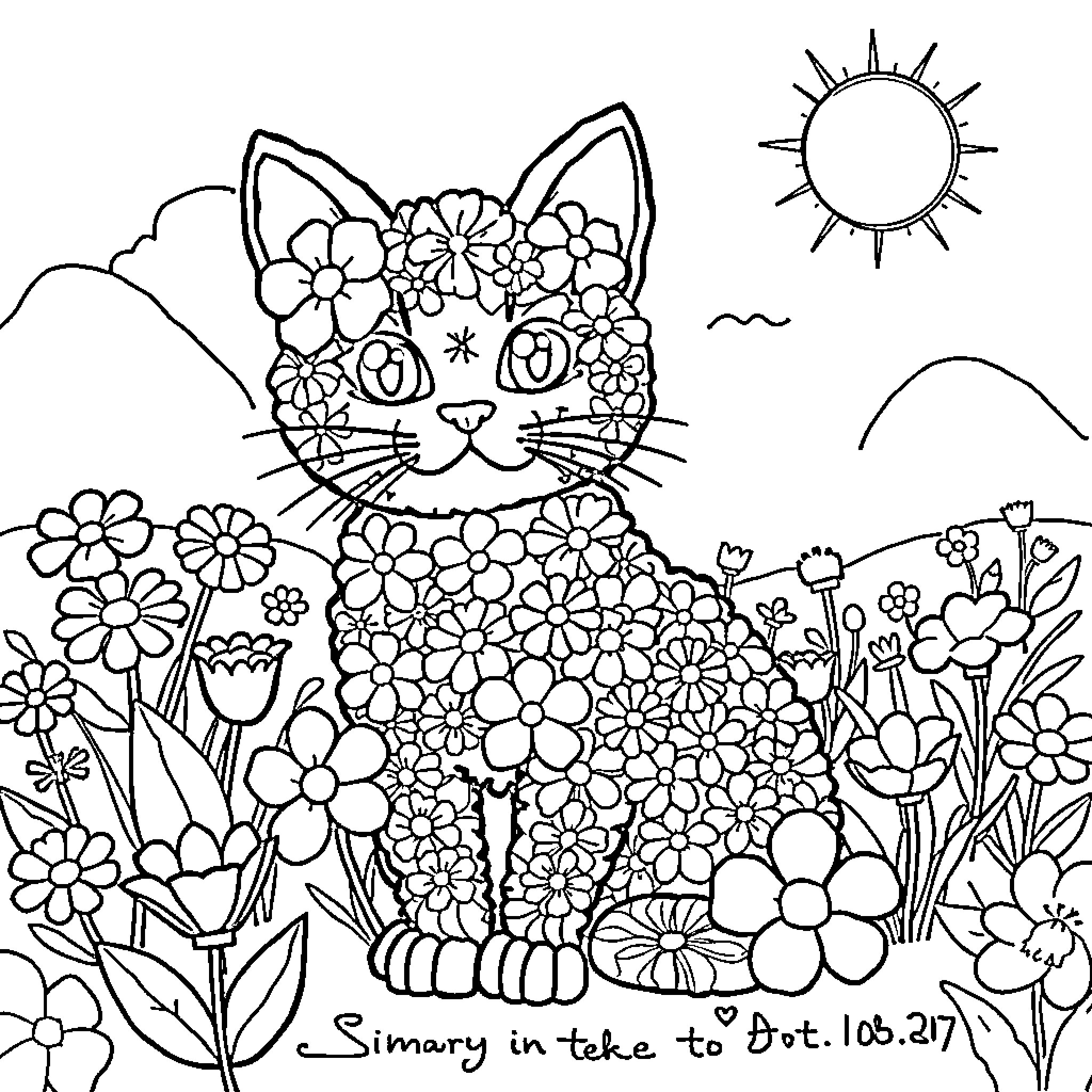 Cat Surrounded by Colorful Flowers Coloring Page (free black-and-white line drawing printable PDF for all, from beginners to advanced learners, including children, teens, adults, and seniors)
