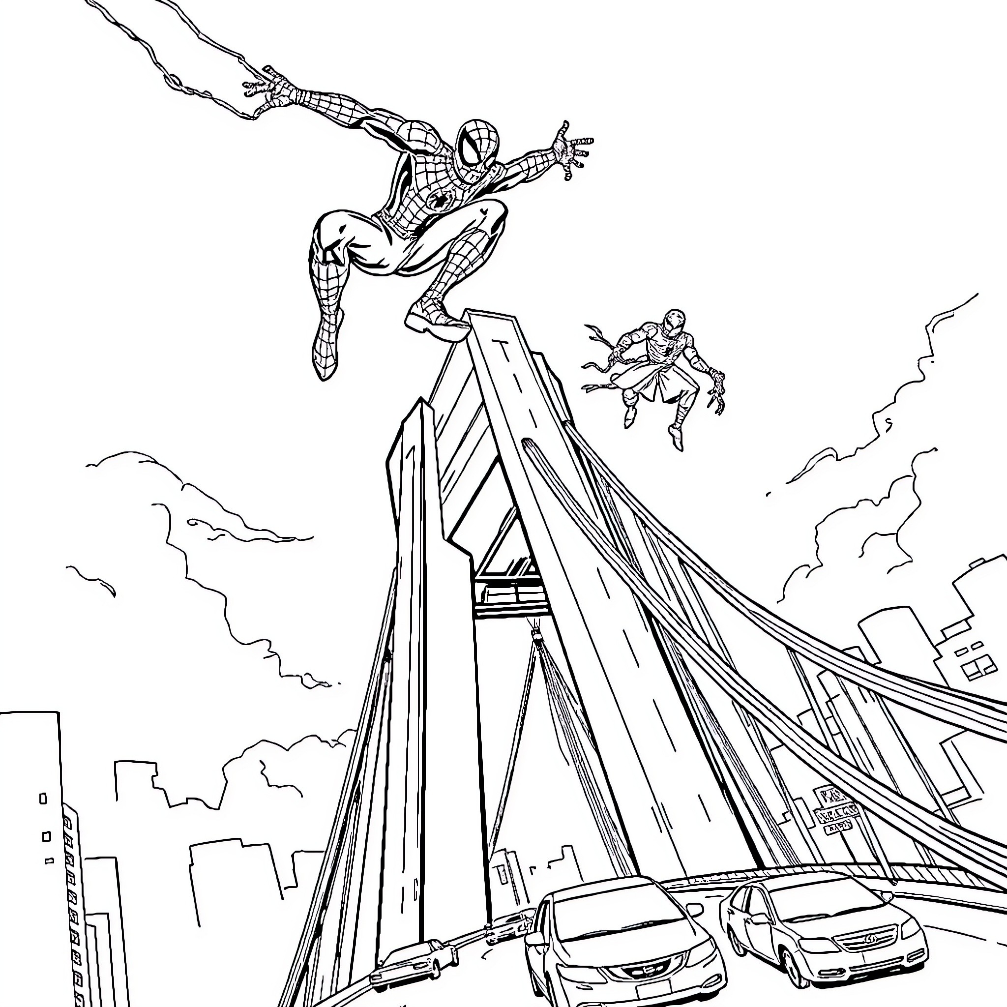 Spidey swings into action over the city Coloring Page (free black-and-white line drawing printable PDF for all, from beginners to advanced learners, including children, teens, adults, and seniors)