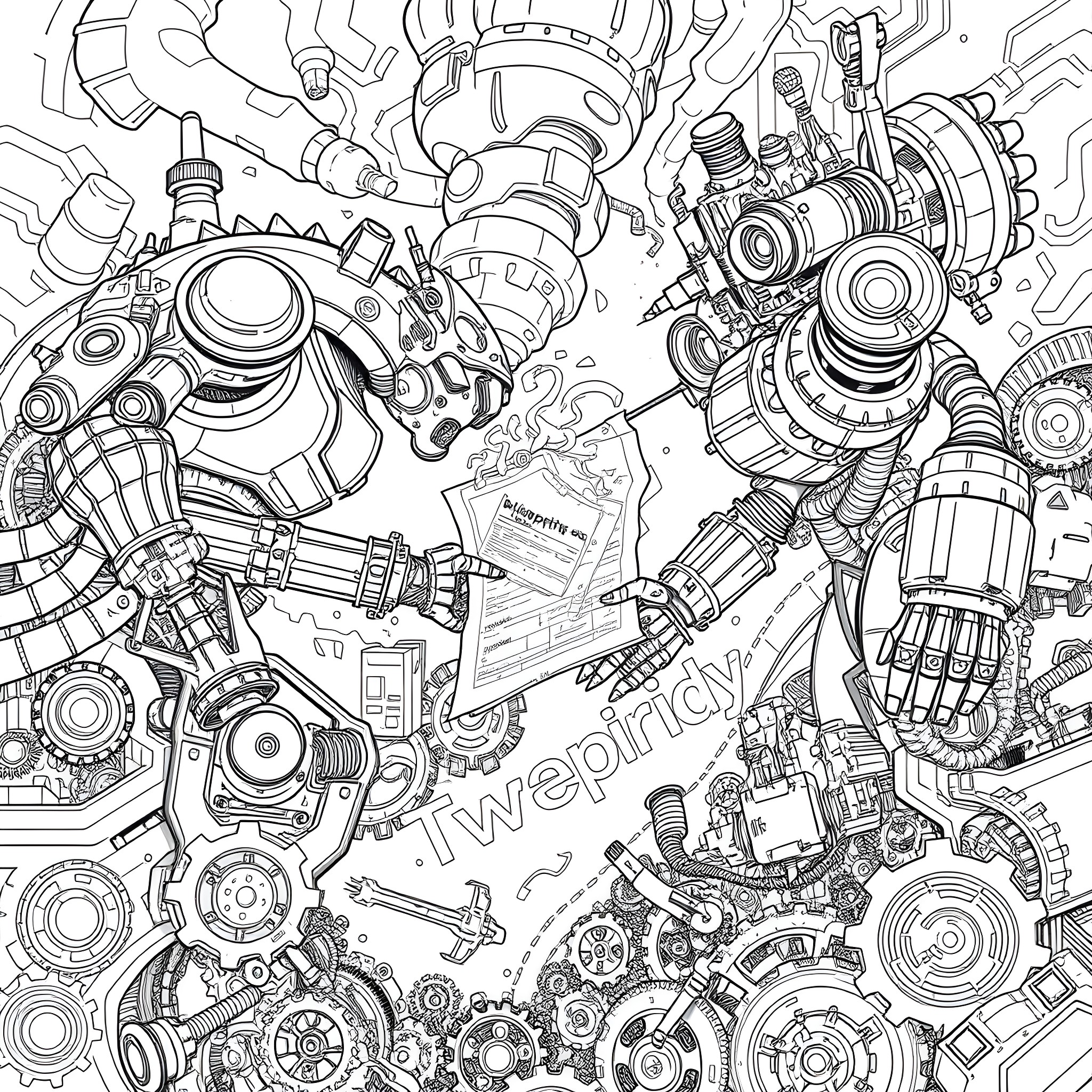 Robot Mechanics Assembling a Complex Machine Coloring Page (free black-and-white line drawing printable PDF for all, from beginners to advanced learners, including children, teens, adults, and seniors)