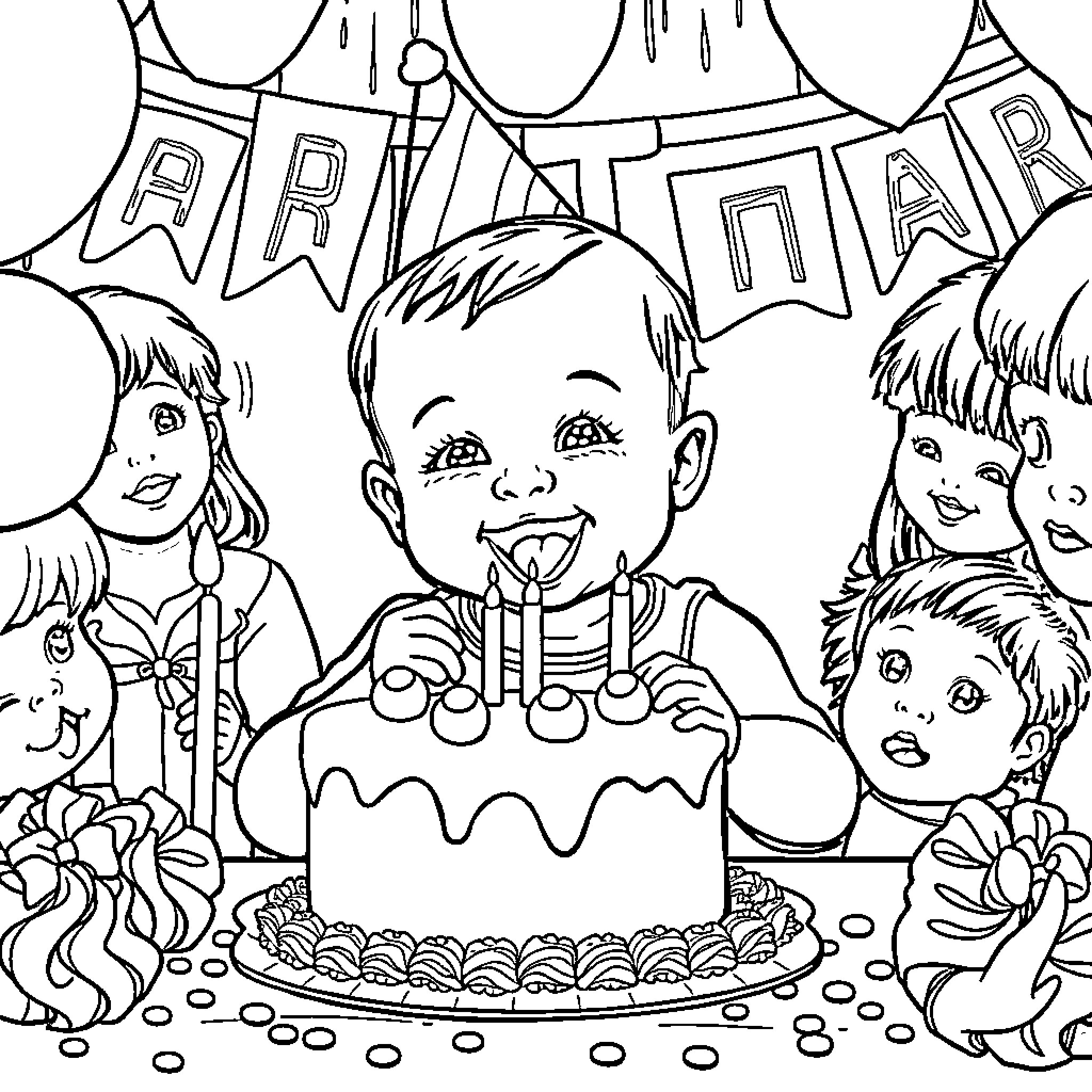 Baby celebrating birthday with friends Coloring Page (free black-and-white line drawing printable PDF for all, from beginners to advanced learners, including children, teens, adults, and seniors)