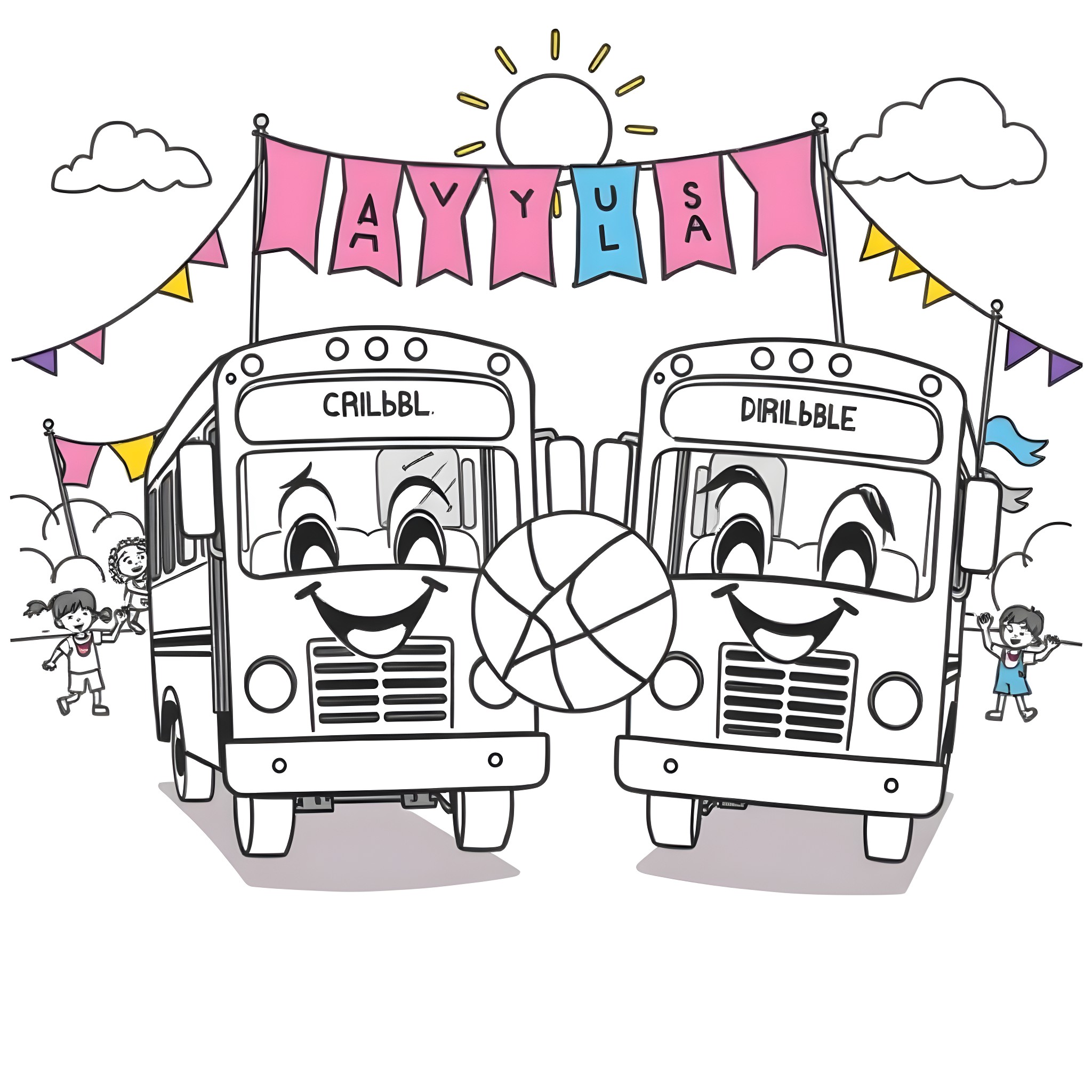 Buses having fun at Playful school carnival Coloring Page (free black-and-white line drawing printable PDF for all, from beginners to advanced learners, including children, teens, adults, and seniors)