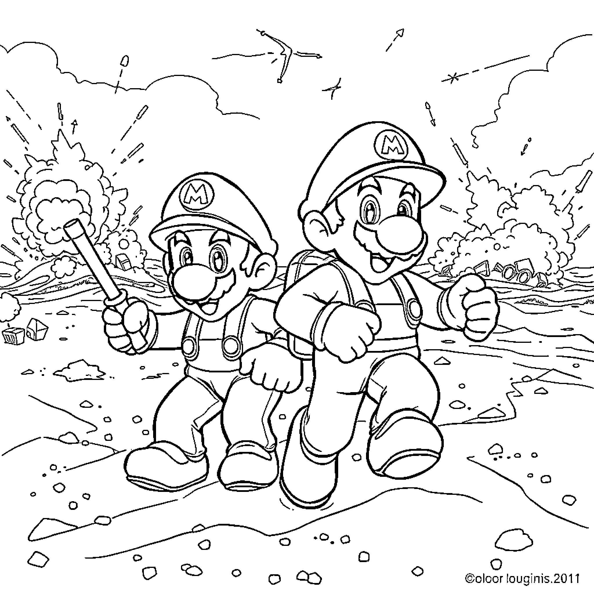 Mario and Luigi in Action-Packed Adventure Coloring Page (free black-and-white line drawing printable PDF for all, from beginners to advanced learners, including children, teens, adults, and seniors)