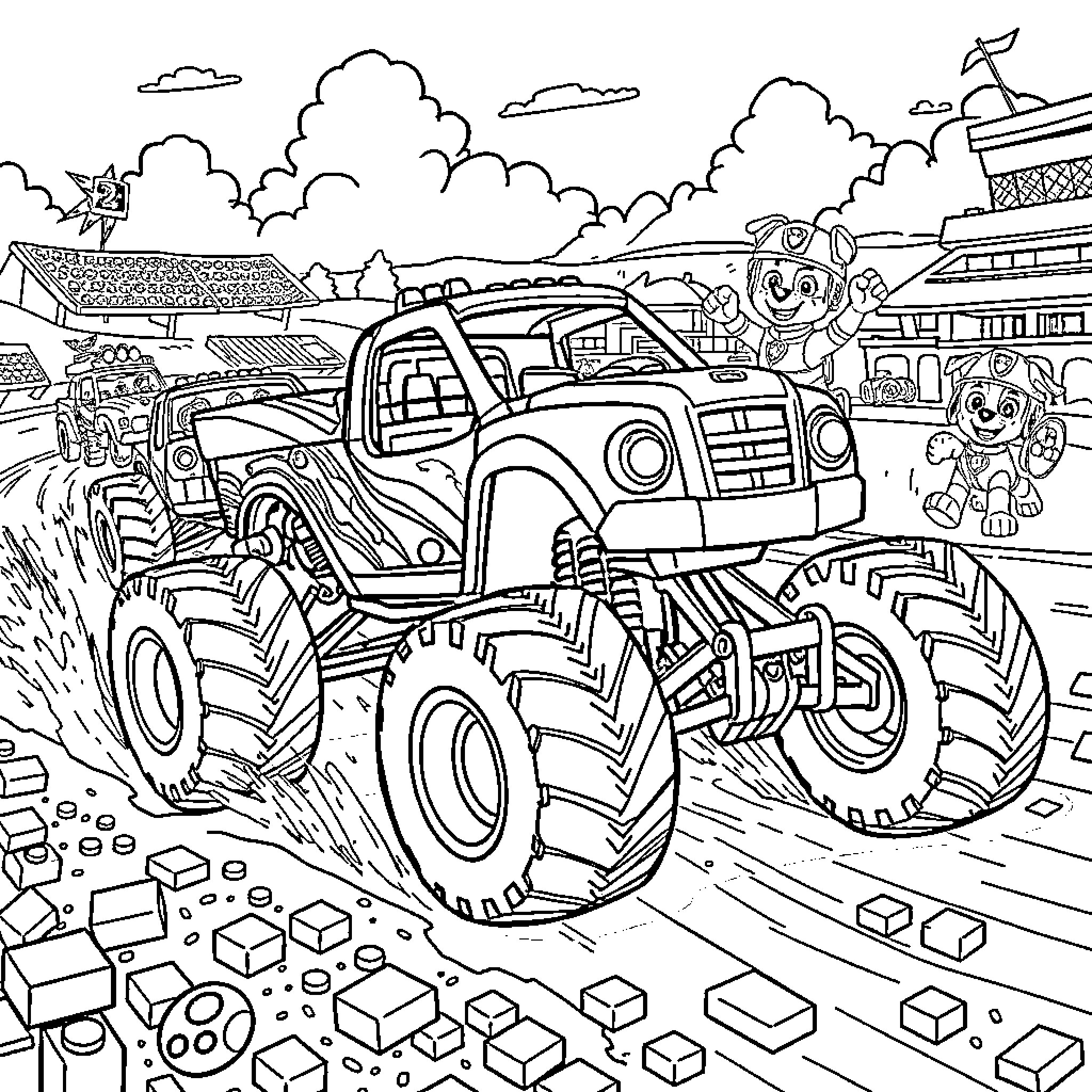 Monster Truck Performing Stunts in Cartoon Town Coloring Page (free black-and-white line drawing printable PDF for all, from beginners to advanced learners, including children, teens, adults, and seniors)