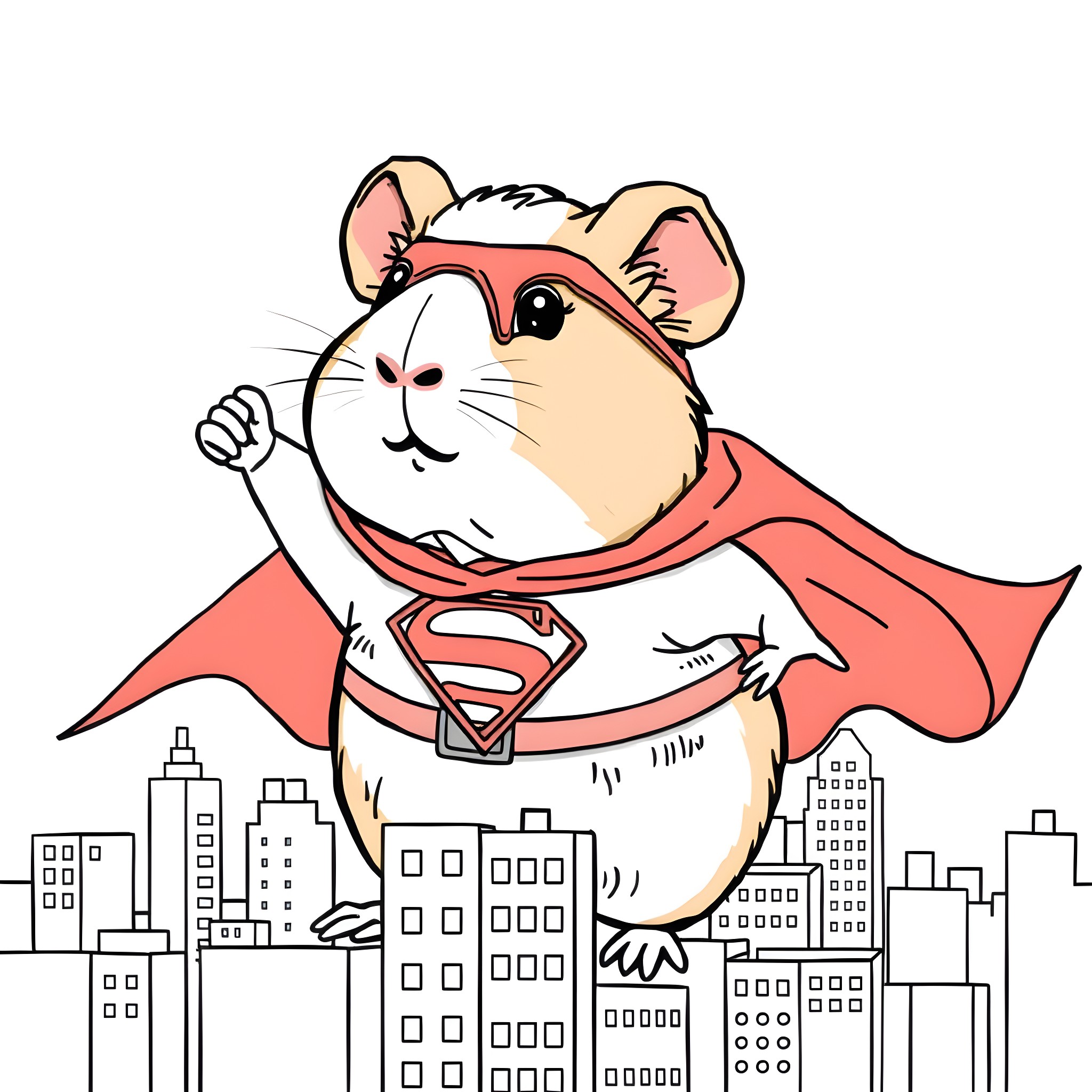 Guinea Pig superhero protecting the city Coloring Page (free black-and-white line drawing printable PDF for all, from beginners to advanced learners, including children, teens, adults, and seniors)