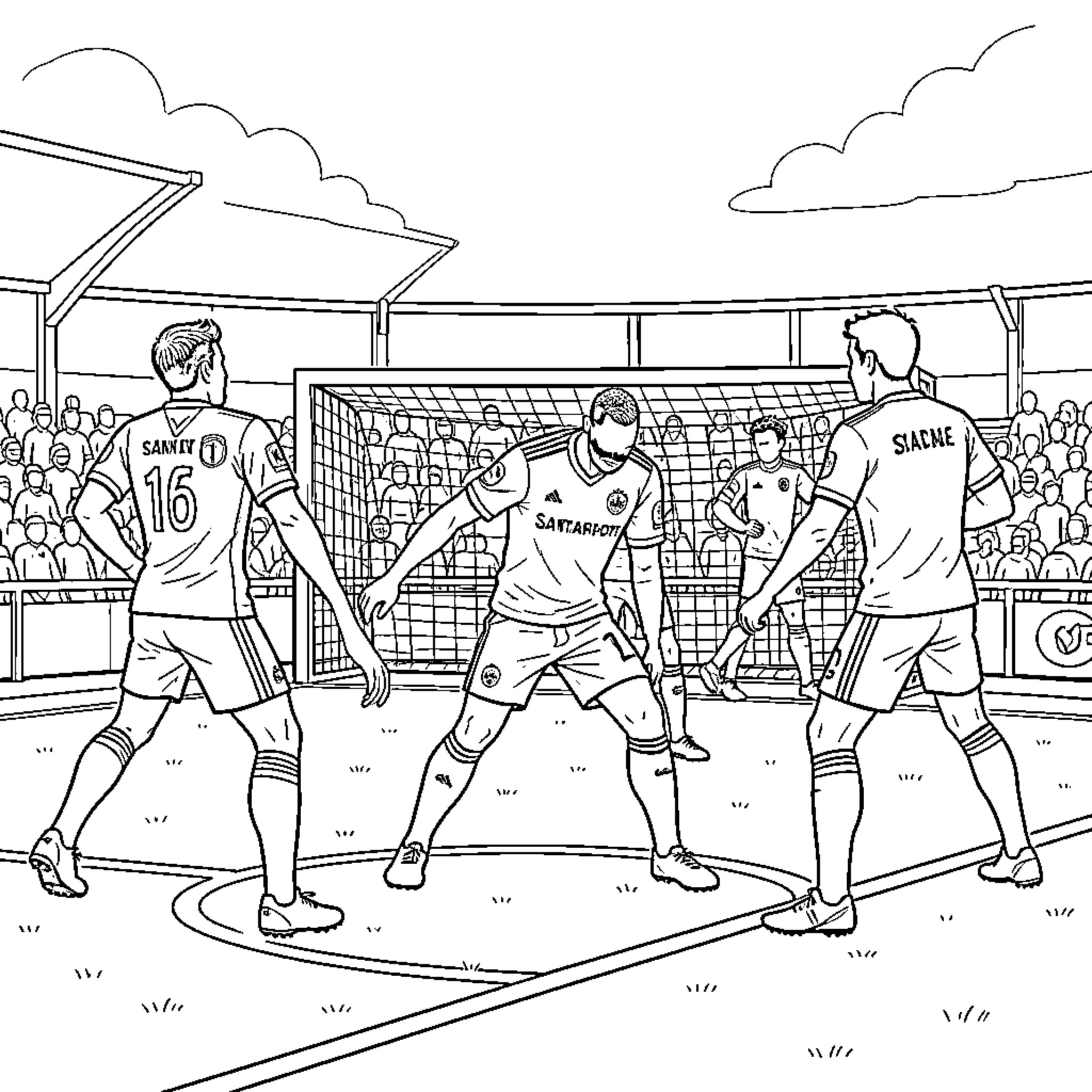 Football Player preparing for a penalty kick in stadium Coloring Page (free black-and-white line drawing printable PDF for all, from beginners to advanced learners, including children, teens, adults, and seniors)