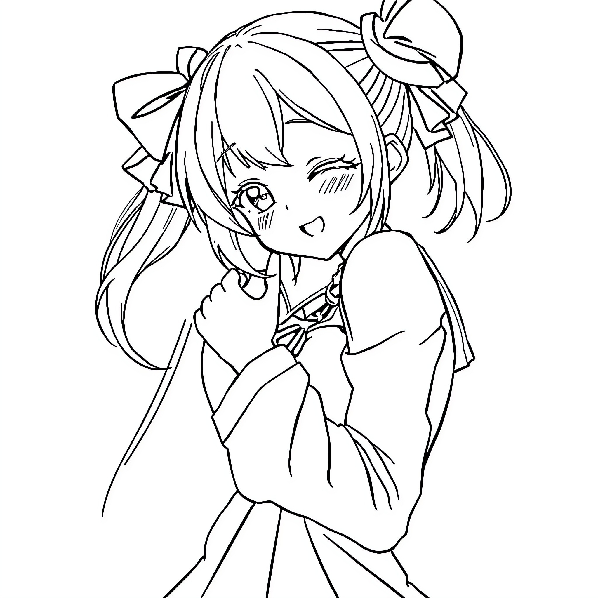 Anime Girl happily smiling and posing Coloring Page (free black-and-white line drawing printable PDF for all, from beginners to advanced learners, including children, teens, adults, and seniors)