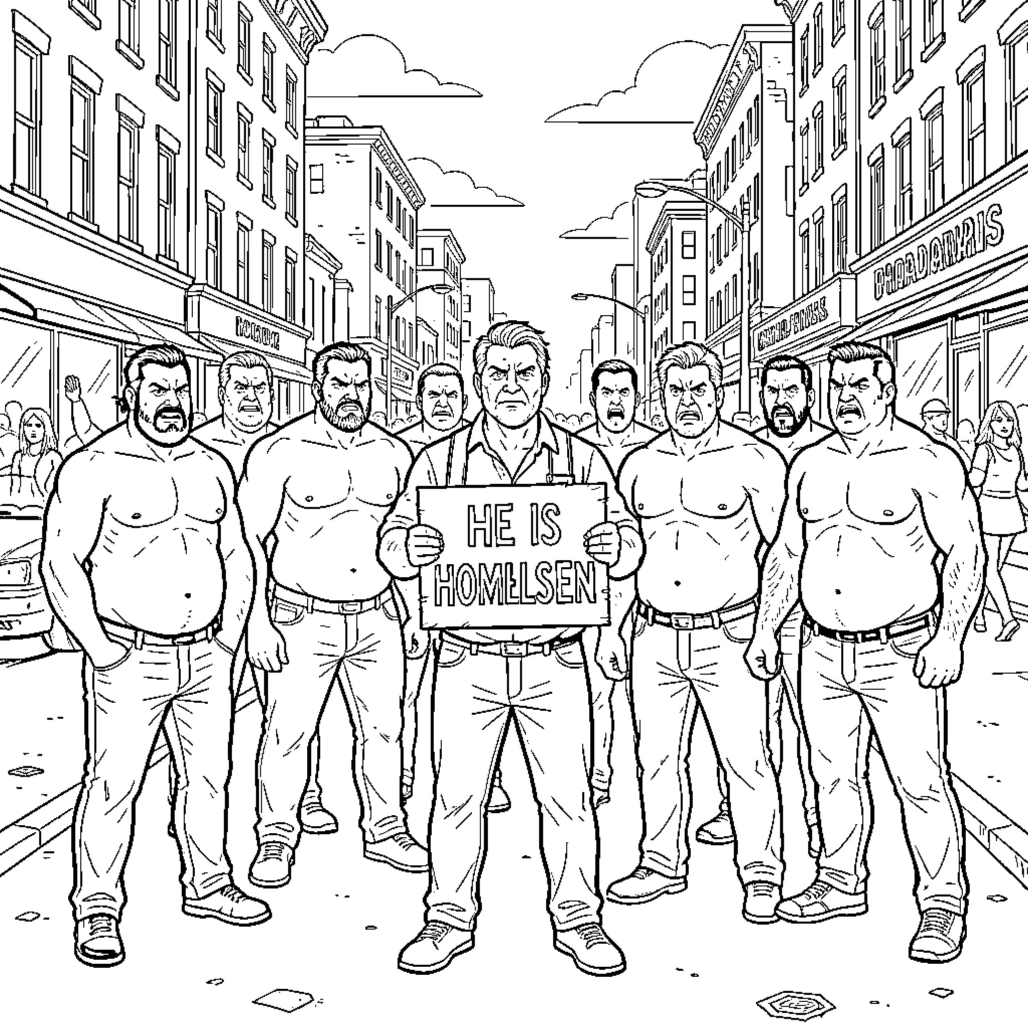 Vegan protesters marching and holding a sign in streets Coloring Page (free black-and-white line drawing printable PDF for all, from beginners to advanced learners, including children, teens, adults, and seniors)