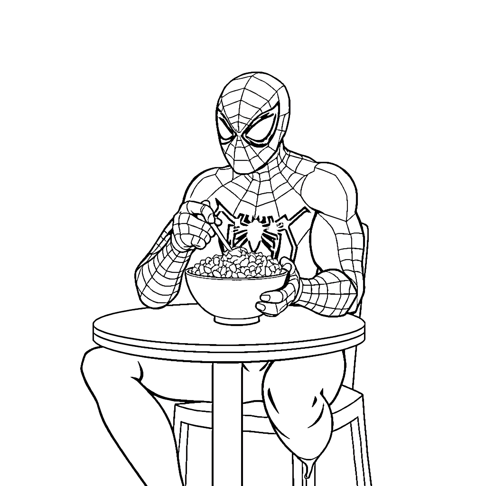 Spiderman enjoying a snack at the table Coloring Page (free black-and-white line drawing printable PDF for all, from beginners to advanced learners, including children, teens, adults, and seniors)