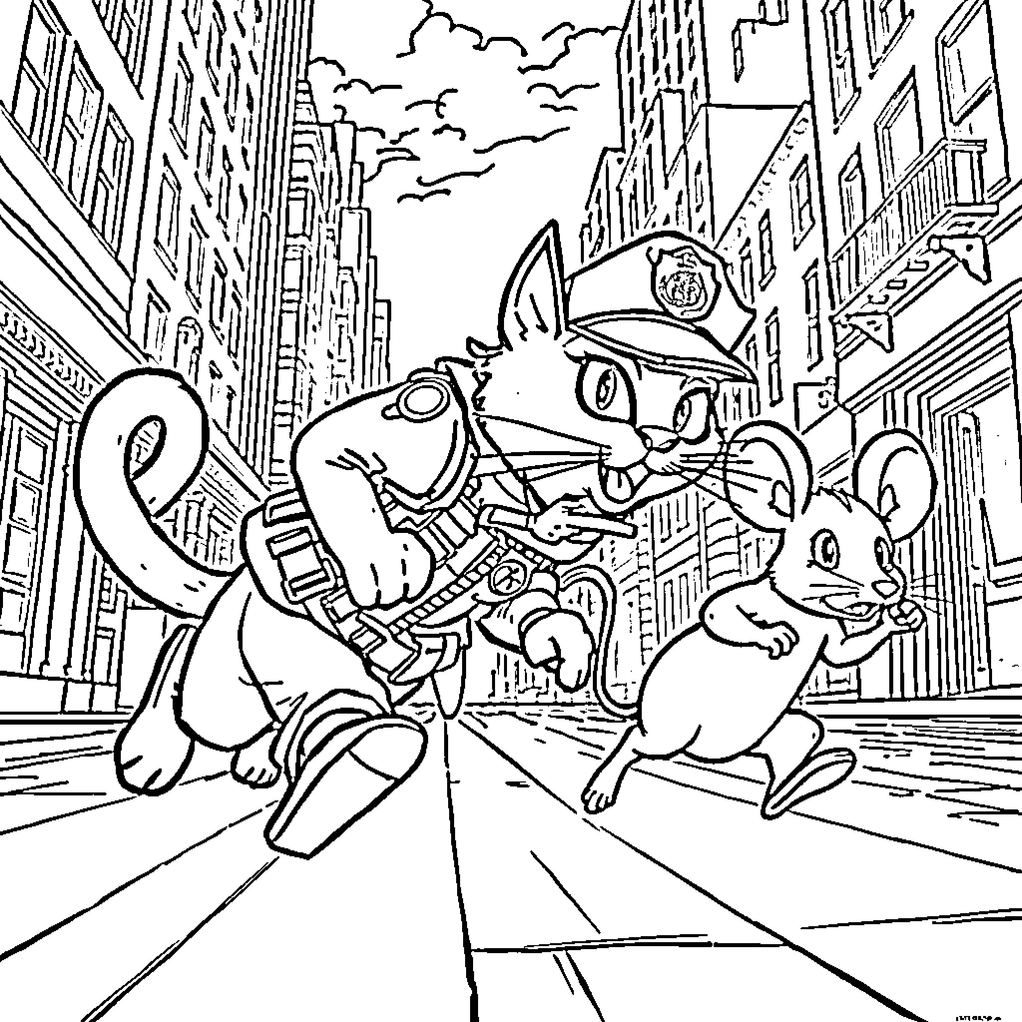 Cat Cops Chasing Mice in the City Coloring Page (free black-and-white line drawing printable PDF for all, from beginners to advanced learners, including children, teens, adults, and seniors)