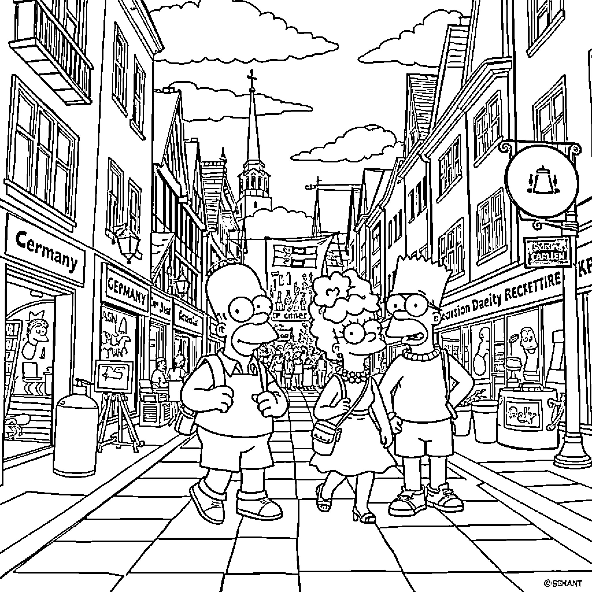 The Simpsons Family Explores a Charming European Town Coloring Page (free black-and-white line drawing printable PDF for all, from beginners to advanced learners, including children, teens, adults, and seniors)