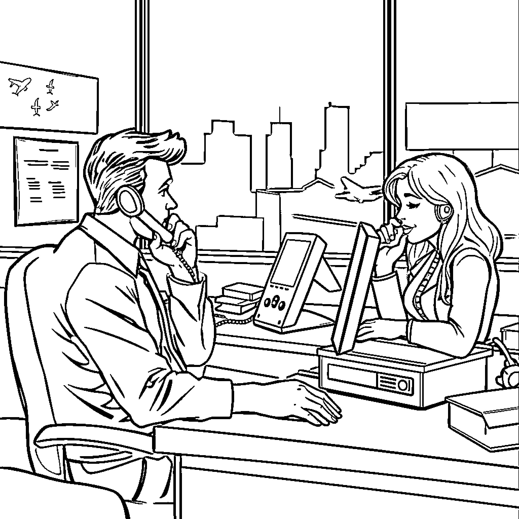 Travel Agent assisting customers in a busy office Coloring Page (free black-and-white line drawing printable PDF for all, from beginners to advanced learners, including children, teens, adults, and seniors)