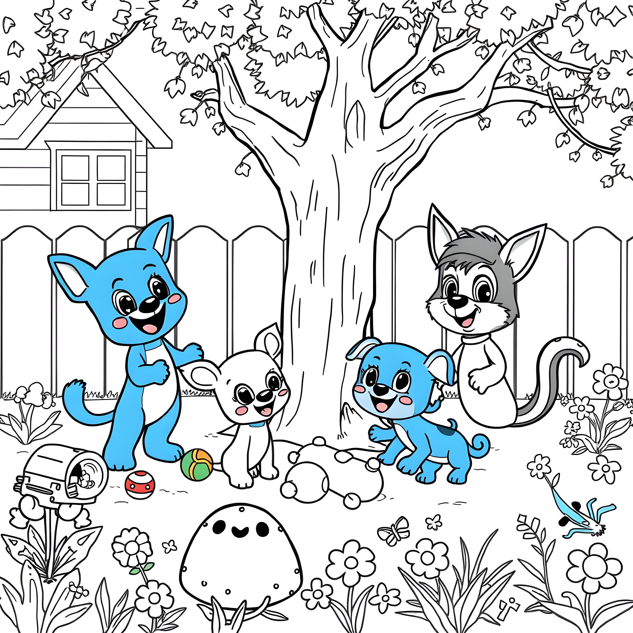 Bluey and Friends Enjoying the Outdoors Coloring Page (free black-and-white line drawing printable PDF for all, from beginners to advanced learners, including children, teens, adults, and seniors)
