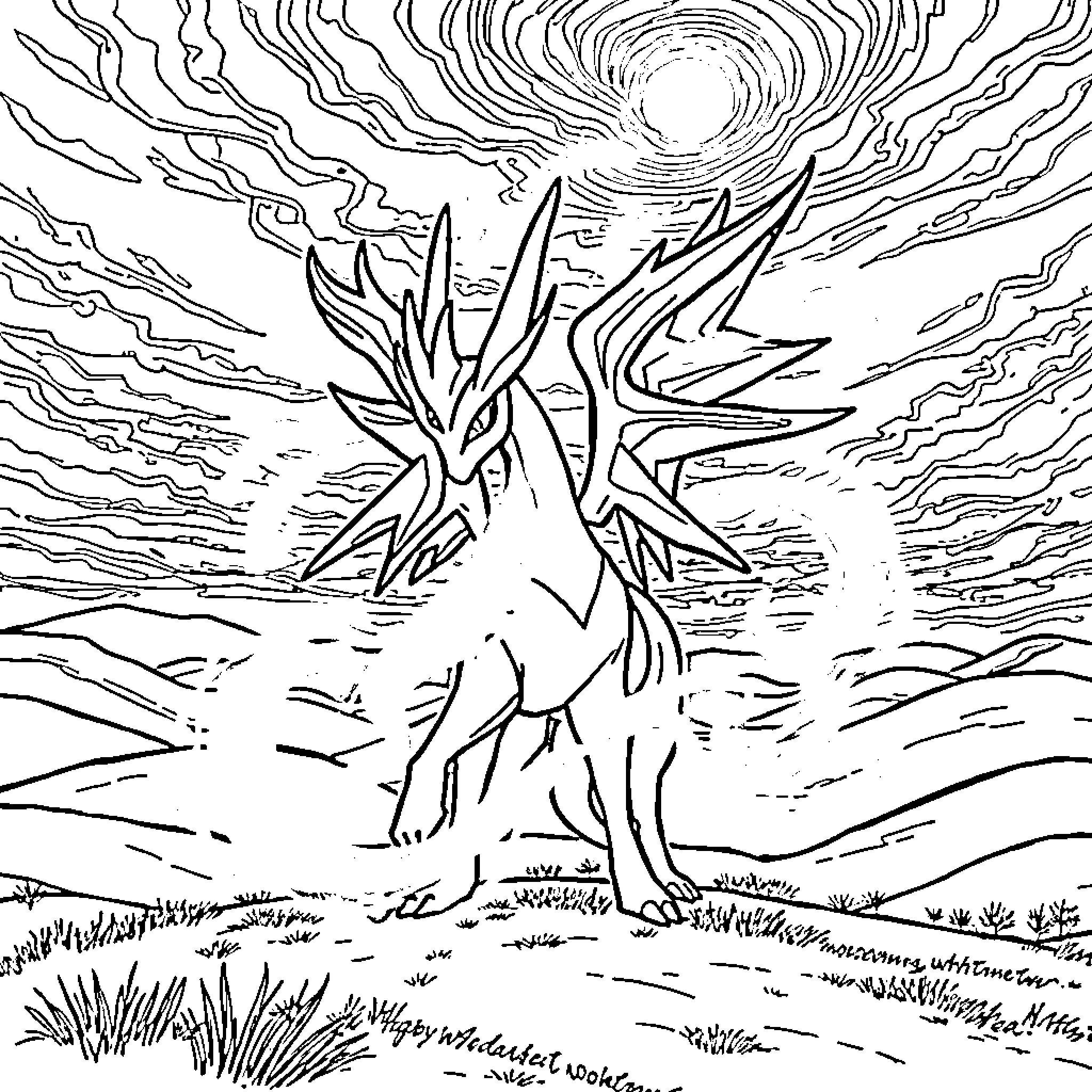 Arceus Emerging from the Ethereal Landscape Coloring Page (free black-and-white line drawing printable PDF for all, from beginners to advanced learners, including children, teens, adults, and seniors)