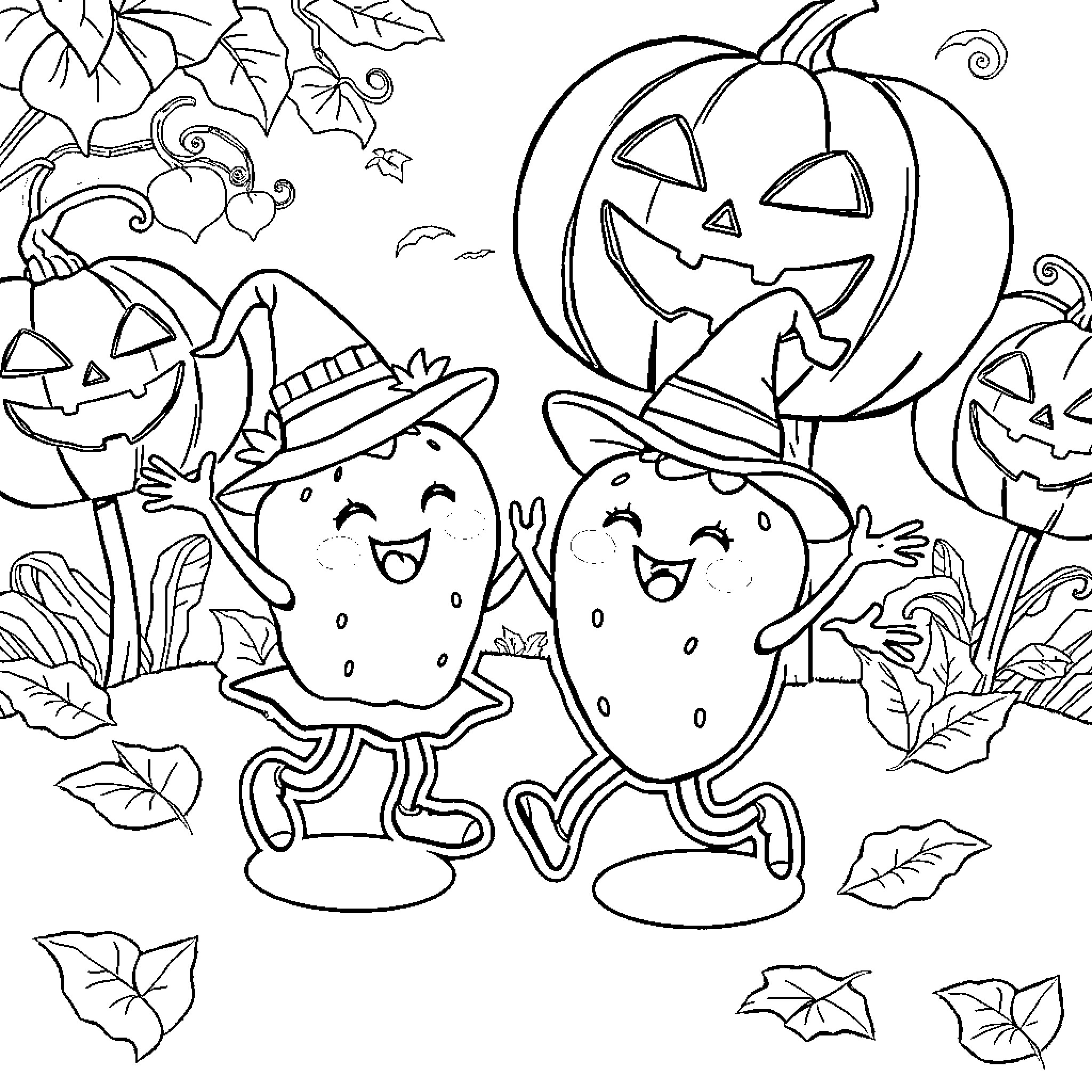 Strawberry characters celebrating Halloween with pumpkins Coloring Page (free black-and-white line drawing printable PDF for all, from beginners to advanced learners, including children, teens, adults, and seniors)