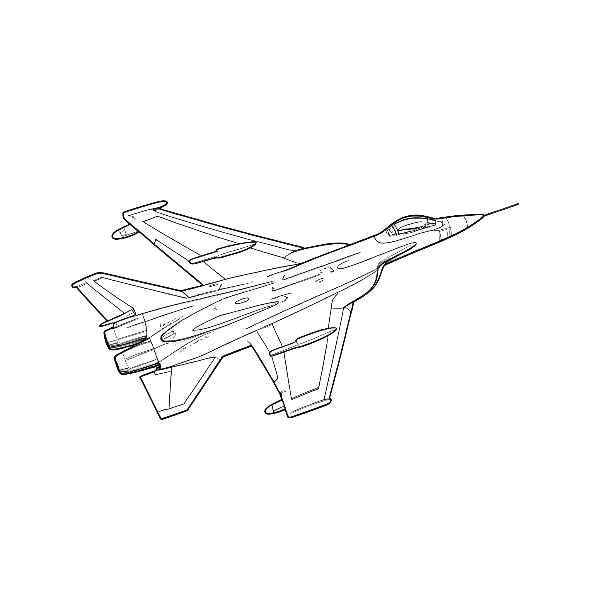Jet Fighter soaring in the sky Coloring Page (free black-and-white line drawing printable PDF for all, from beginners to advanced learners, including children, teens, adults, and seniors)