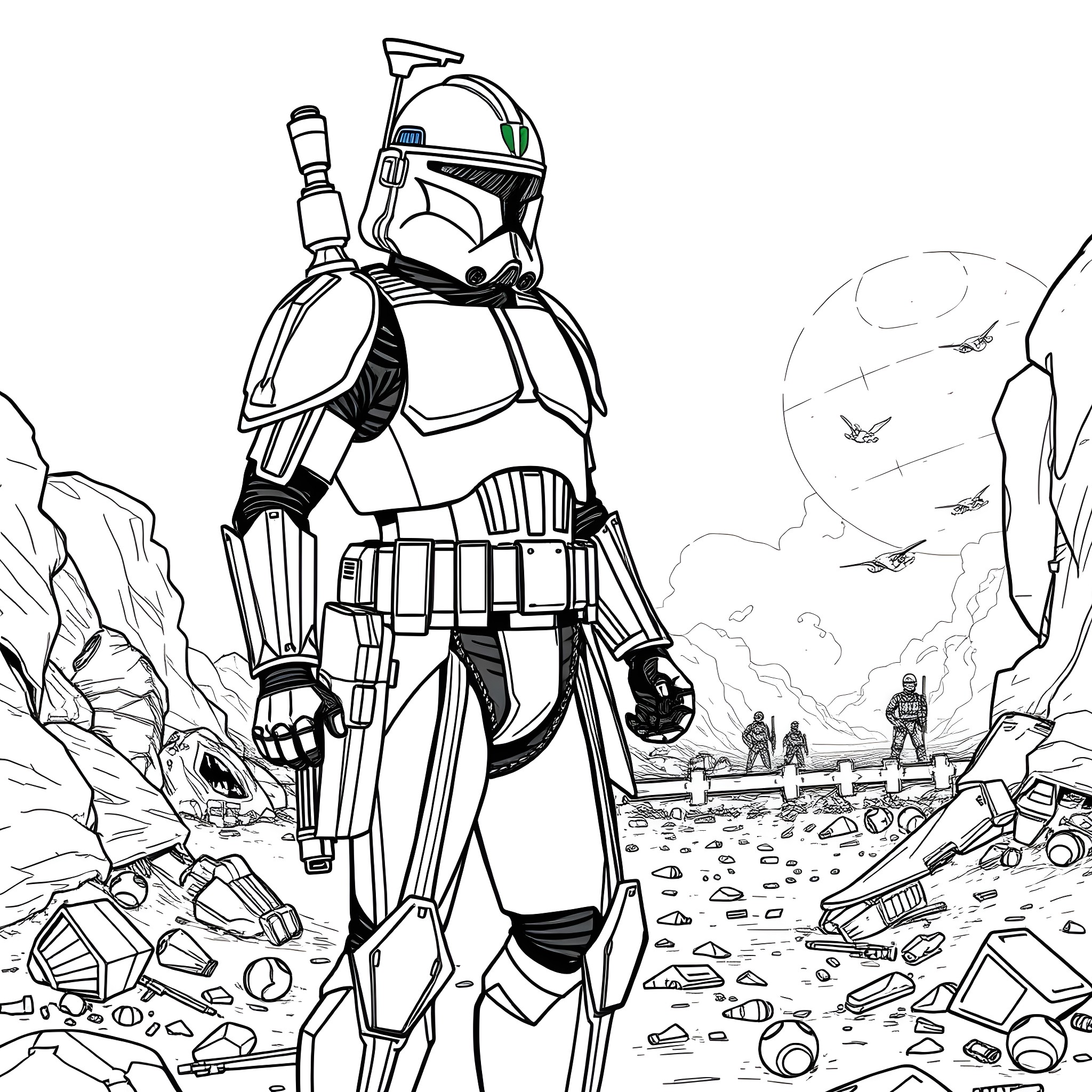 Clone Commando leading troops on dangerous mission Coloring Page (free black-and-white line drawing printable PDF for all, from beginners to advanced learners, including children, teens, adults, and seniors)