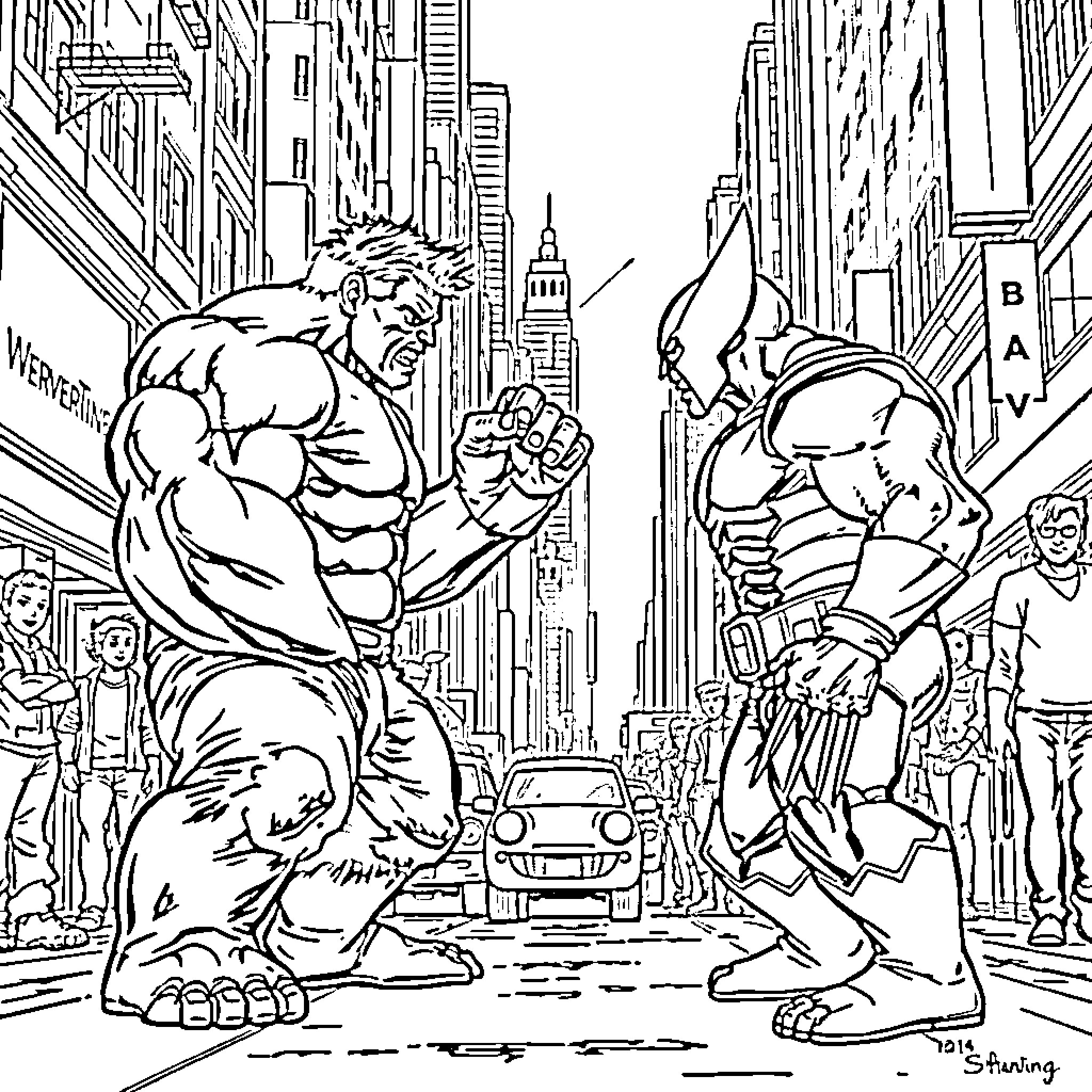 Hulk battling another superhero in the city Coloring Page (free black-and-white line drawing printable PDF for all, from beginners to advanced learners, including children, teens, adults, and seniors)